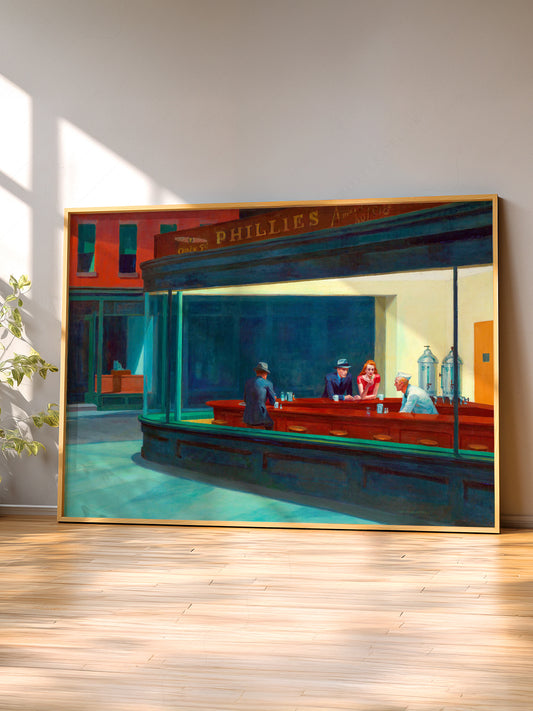 Edward Hopper Nighthawks wall art print displayed in a bright modern living room