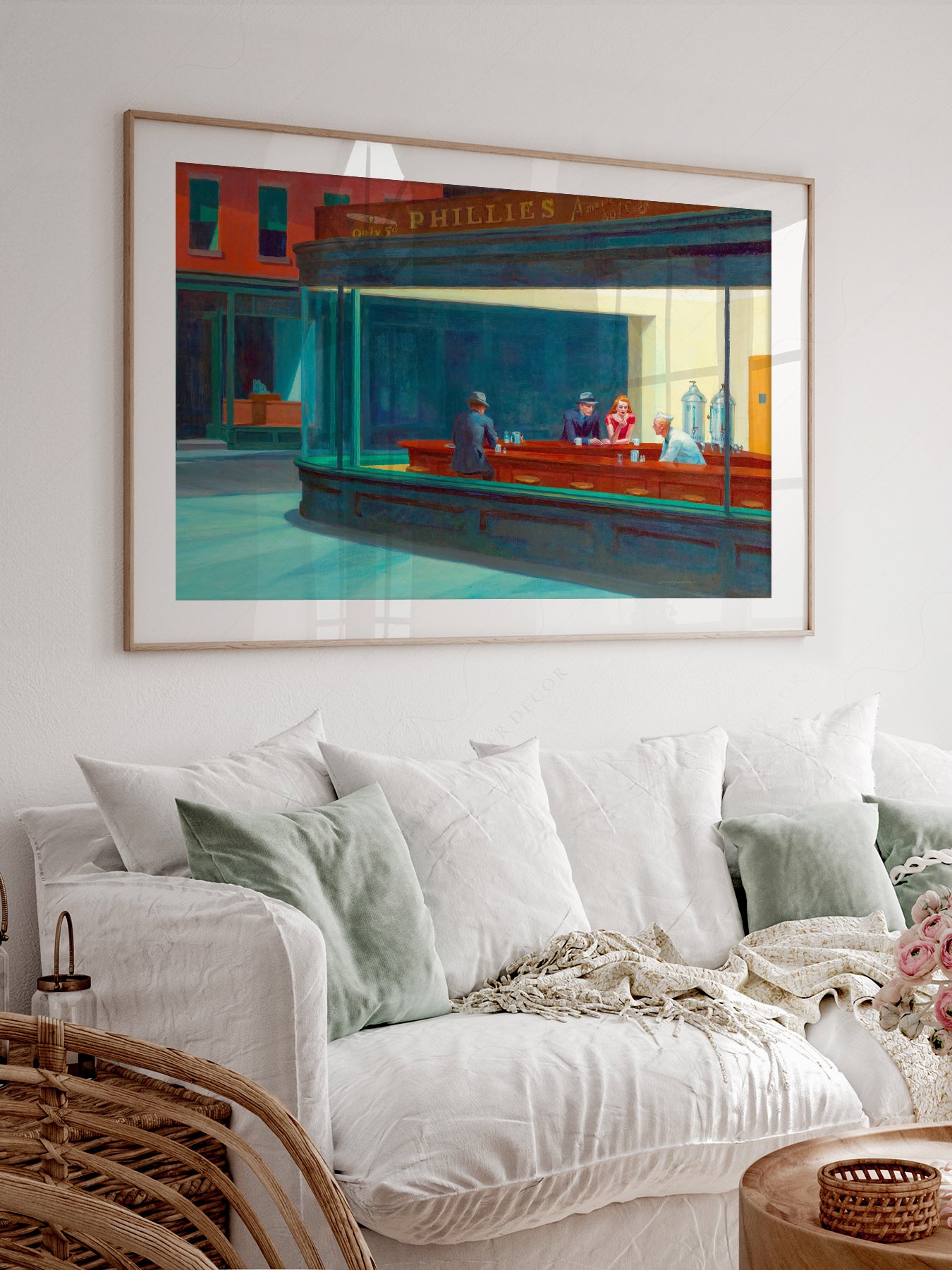 Edward Hopper art print styled in a Scandinavian bedroom
