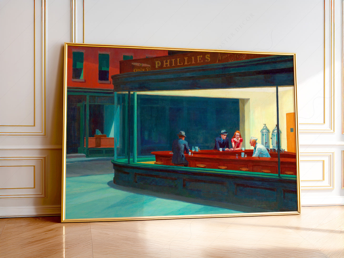 Edward Hopper Nighthawks wall art print featuring a late-night diner with figures in warm light against a dark city street.