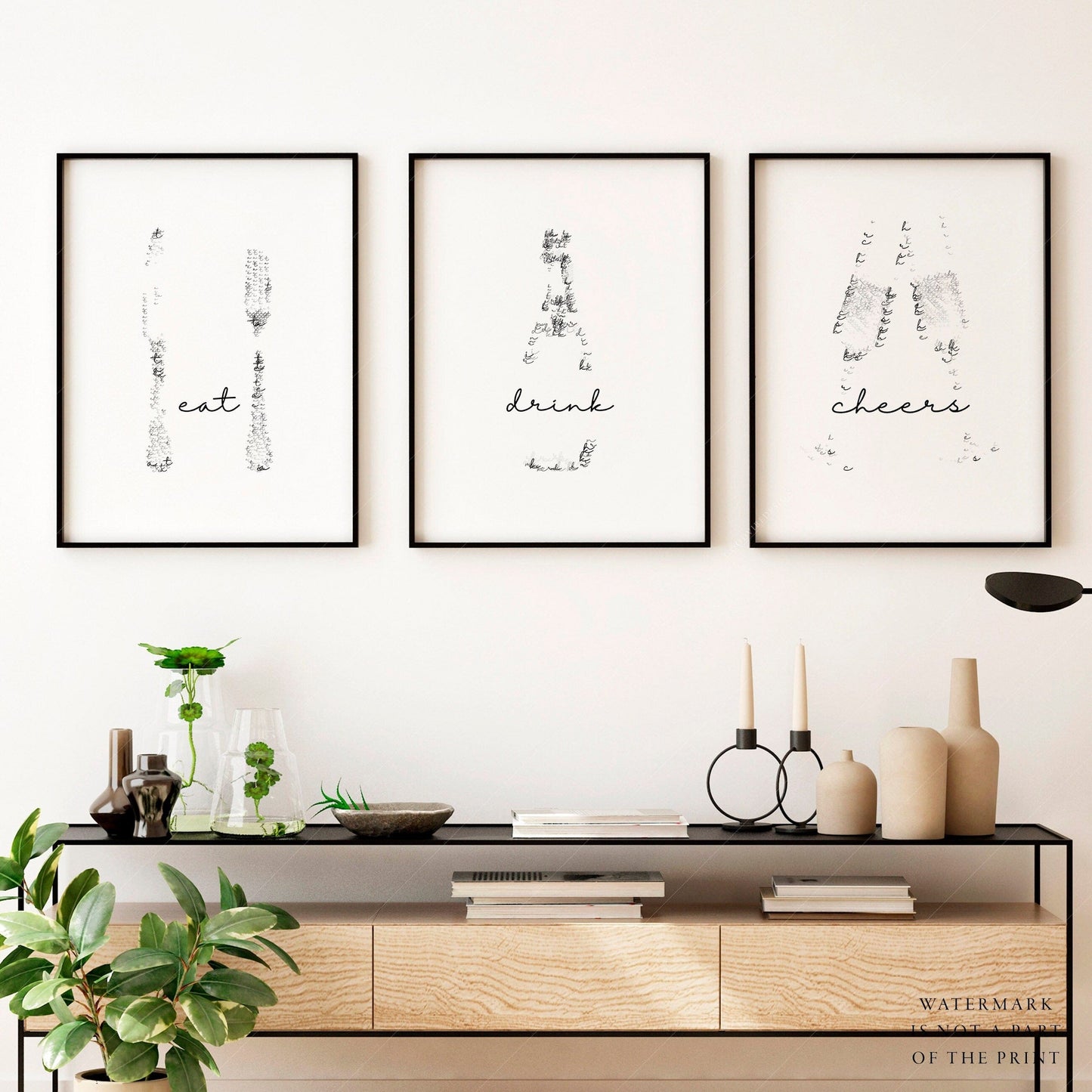 Drink Eat Cheers, Set of 3 Prints, Wall art for Dining room or Kitchen