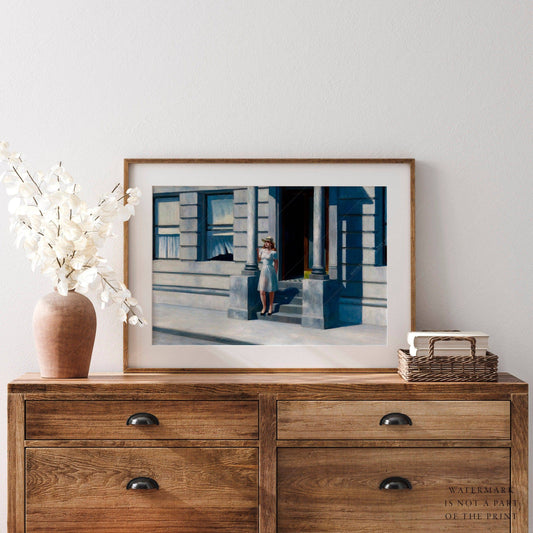 Edward Hopper Summertime wall art print displayed in a bright modern living room