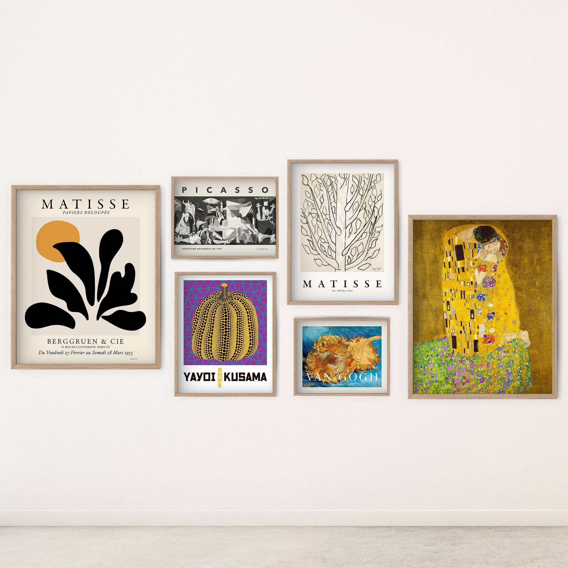 Famous Paintings Gallery Wall, Set of 6 Prints, Matisse, Picasso, Van Gogh, Klimt, Yayoi Kusama