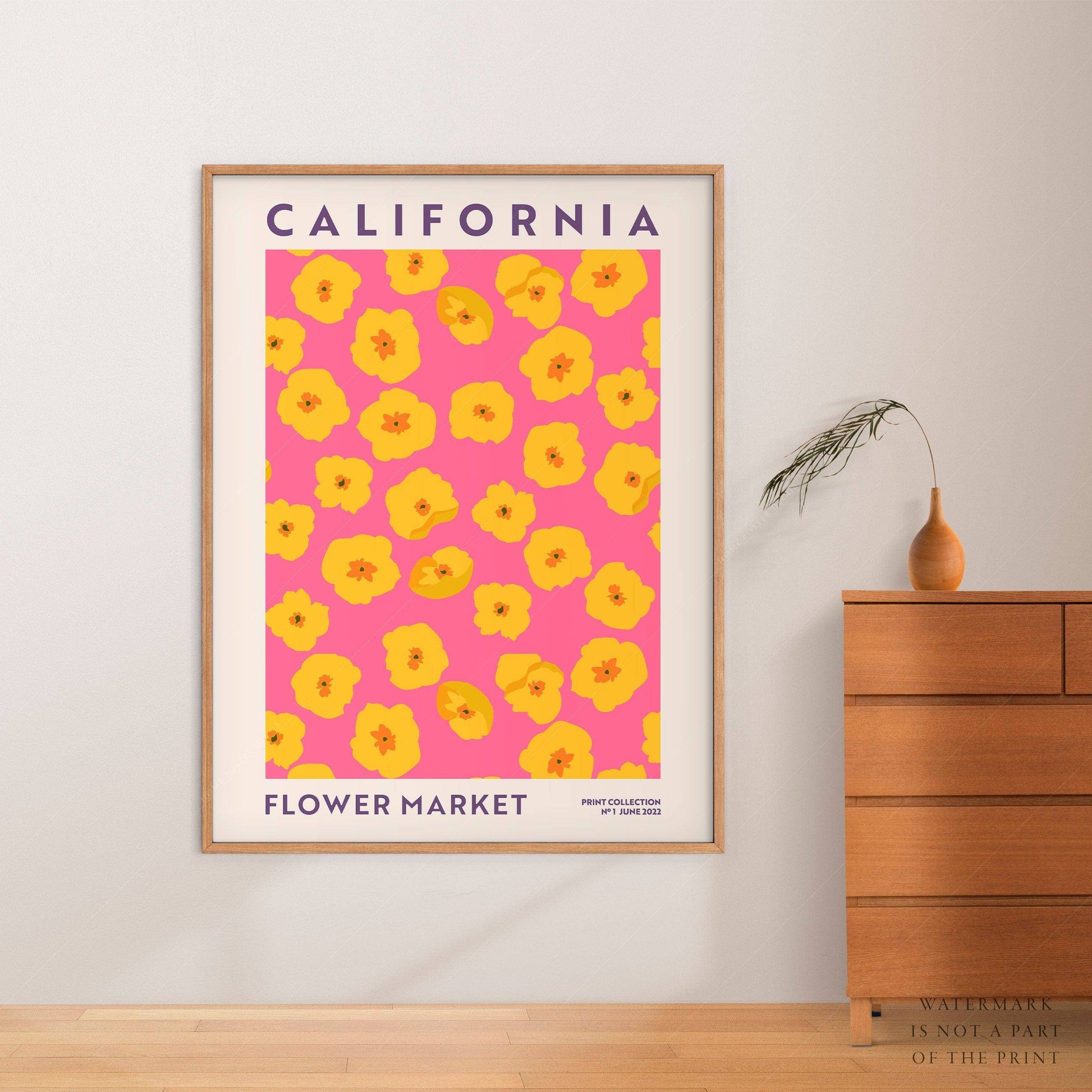 Flower Market California, Famous City Poster, Gift Idea, Floral Wall Art