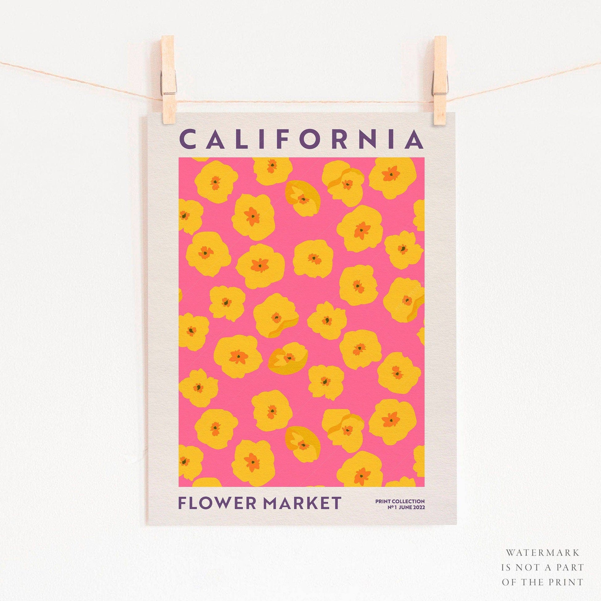 Flower Market California, Famous City Poster, Gift Idea, Floral Wall Art