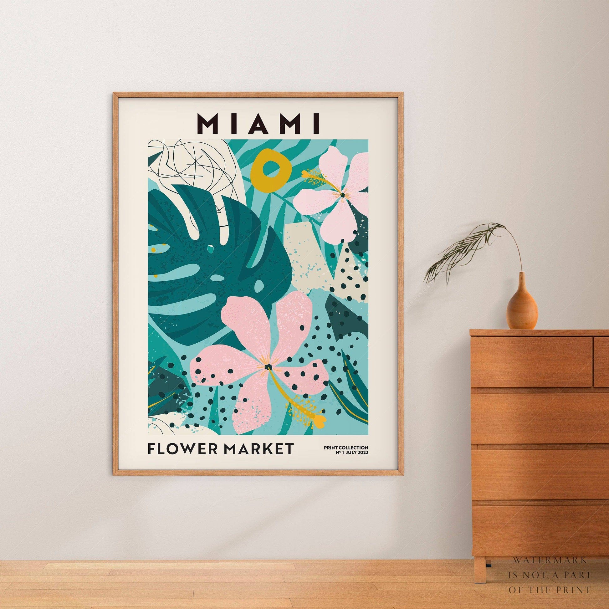 Flower Market Miami, Famous City Poster, Gift Idea, Floral Wall Art