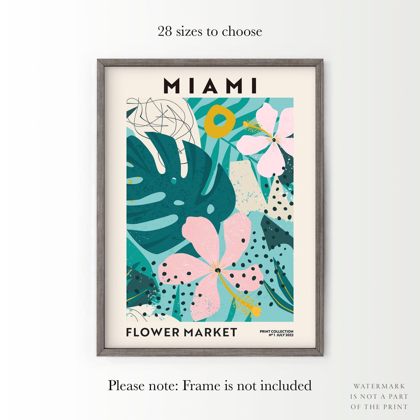 Flower Market Miami, Famous City Poster, Gift Idea, Floral Wall Art