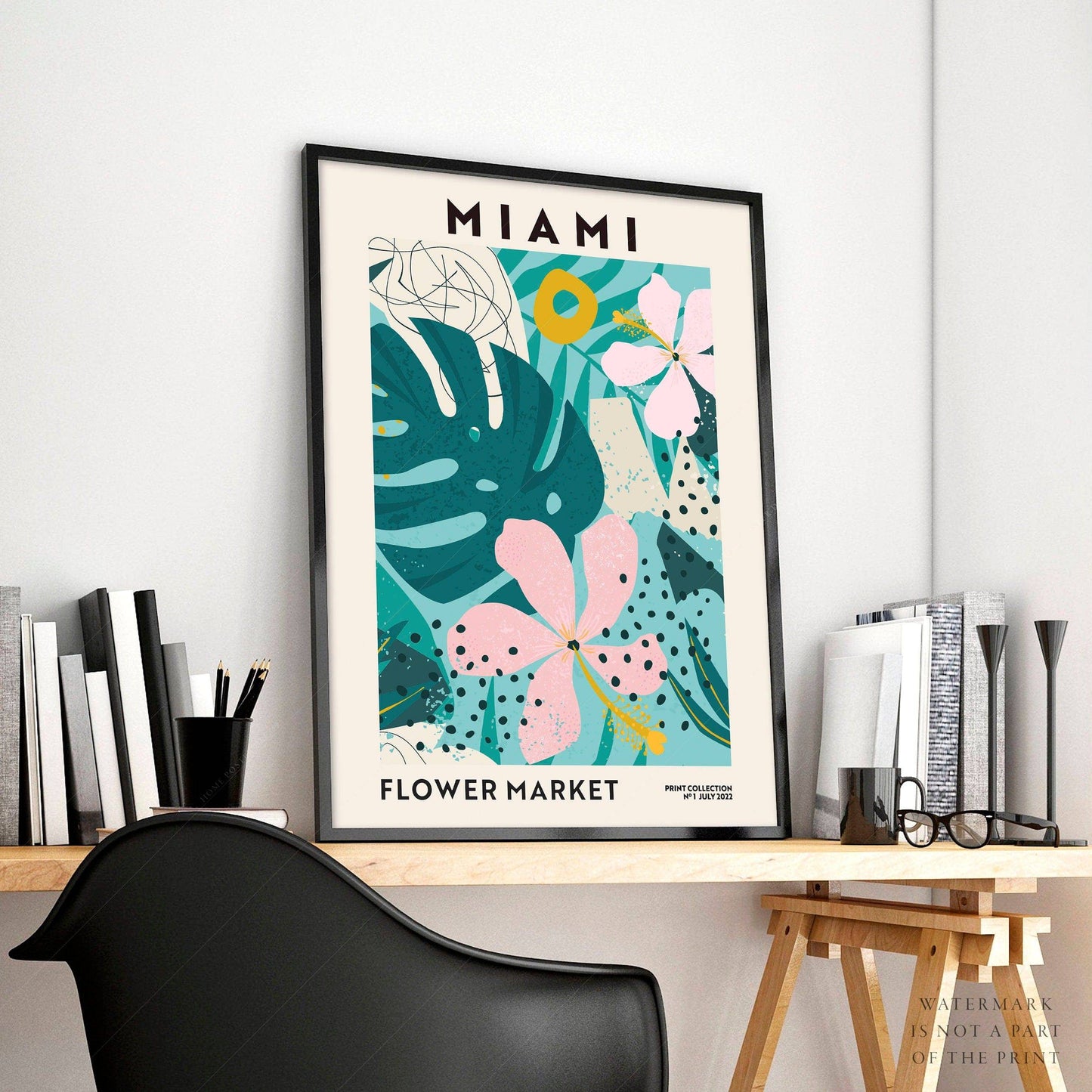 Flower Market Miami, Famous City Poster, Gift Idea, Floral Wall Art