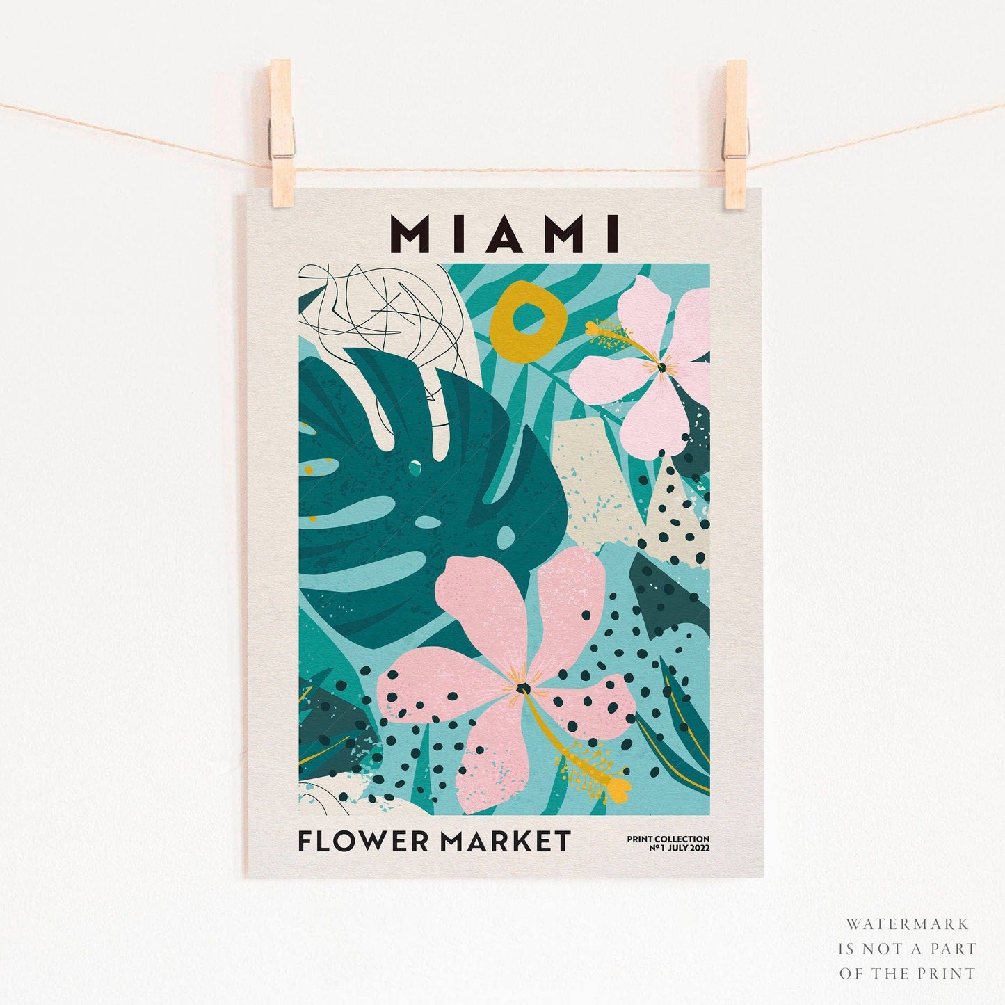 Flower Market Miami, Famous City Poster, Gift Idea, Floral Wall Art