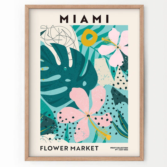 Flower Market Miami, Famous City Poster, Gift Idea, Floral Wall Art