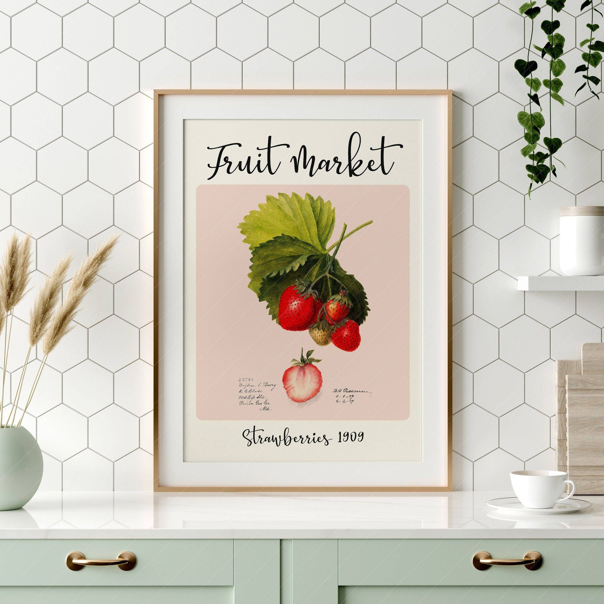 Fruit Market Print, Farmhouse Decor, Antique Strawberry Painting