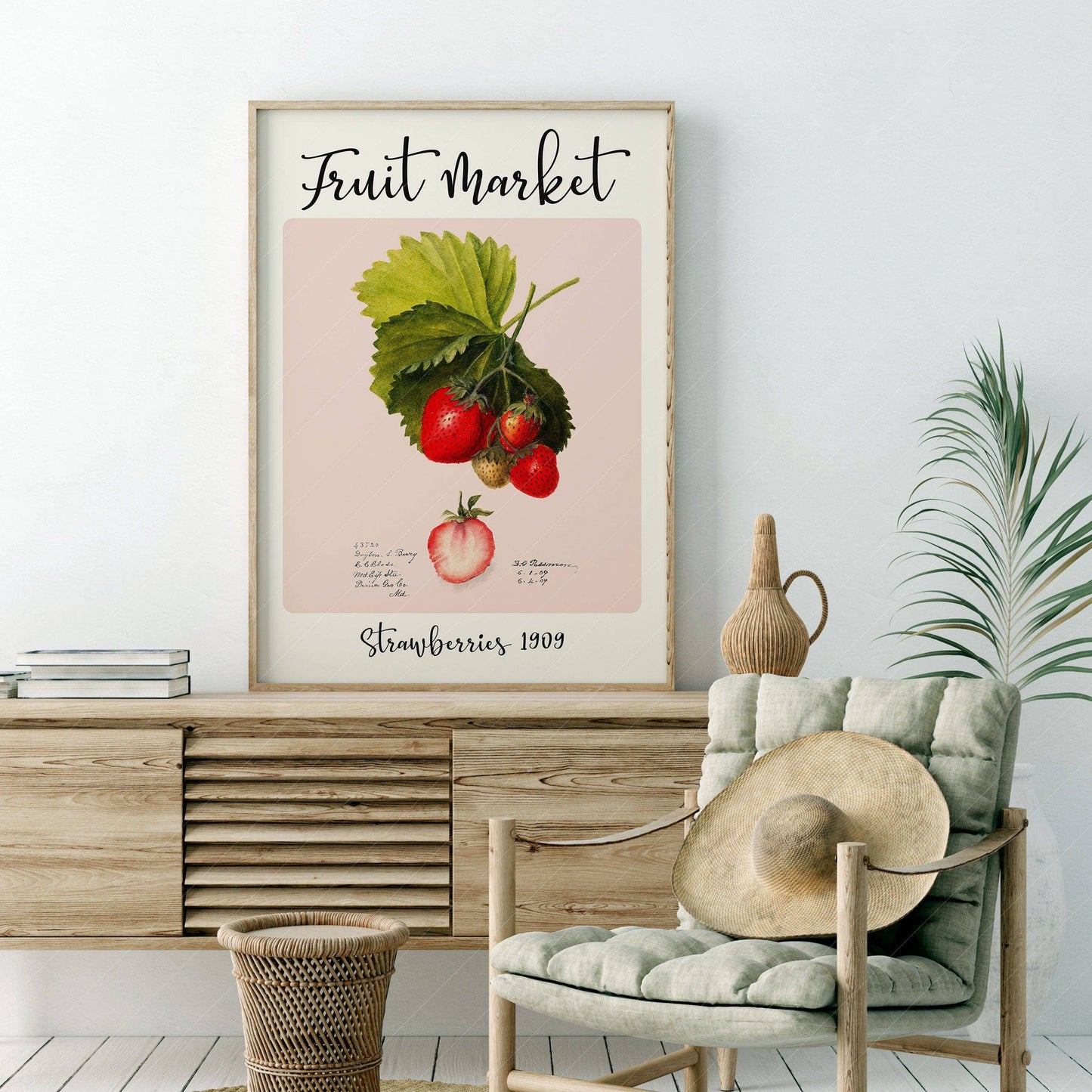 Fruit Market Print, Farmhouse Decor, Antique Strawberry Painting