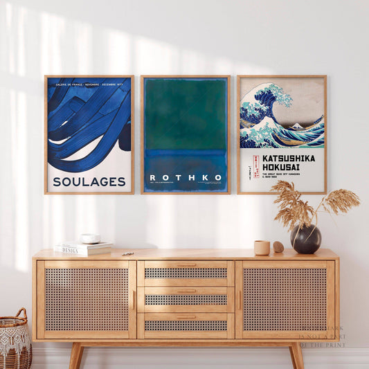 Gallery Wall Art, The Great Wave off Kanagawa, Blue Rothko Painting, Soulages. Set of 3 Prints