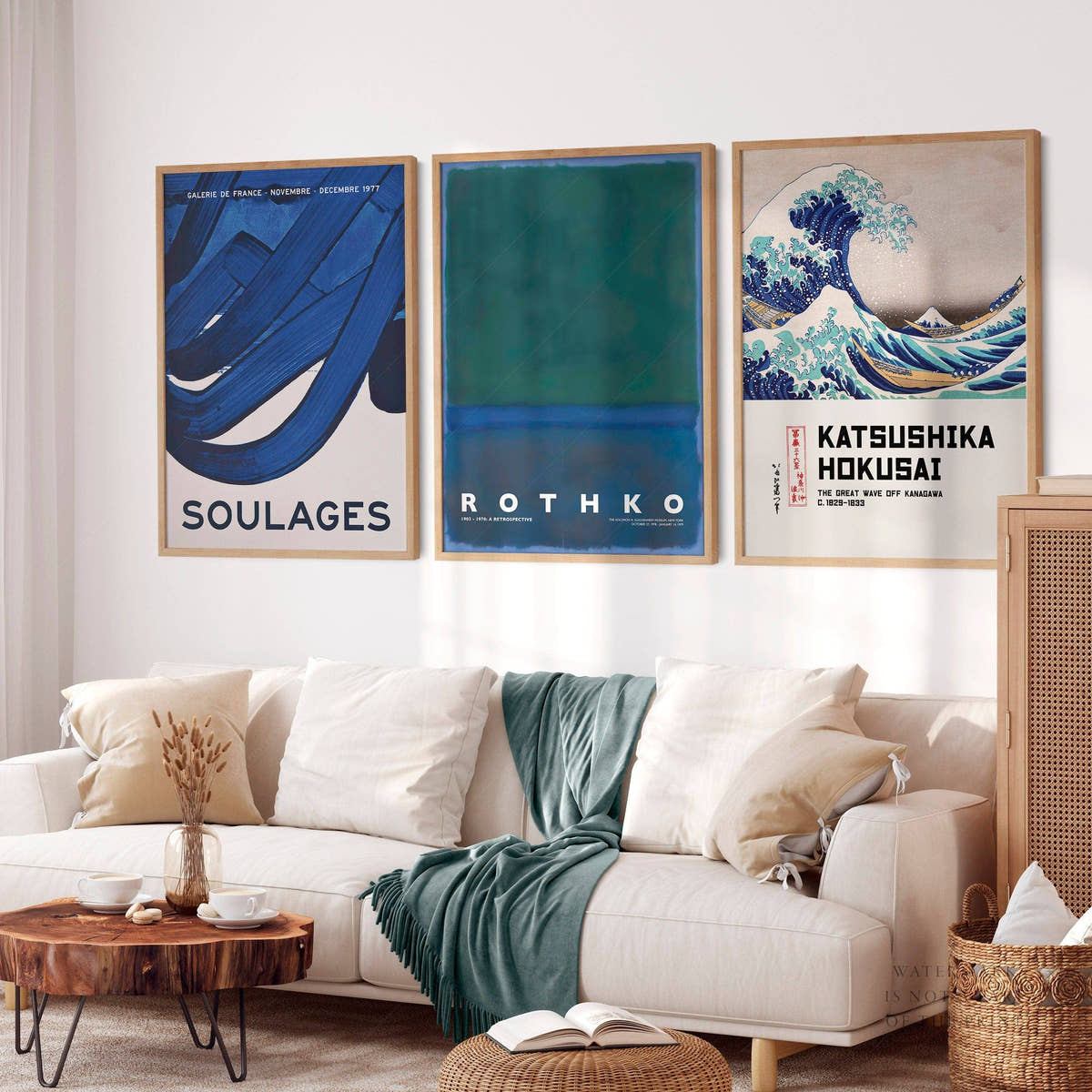 Gallery Wall Art, The Great Wave off Kanagawa, Blue Rothko Painting, Soulages. Set of 3 Prints