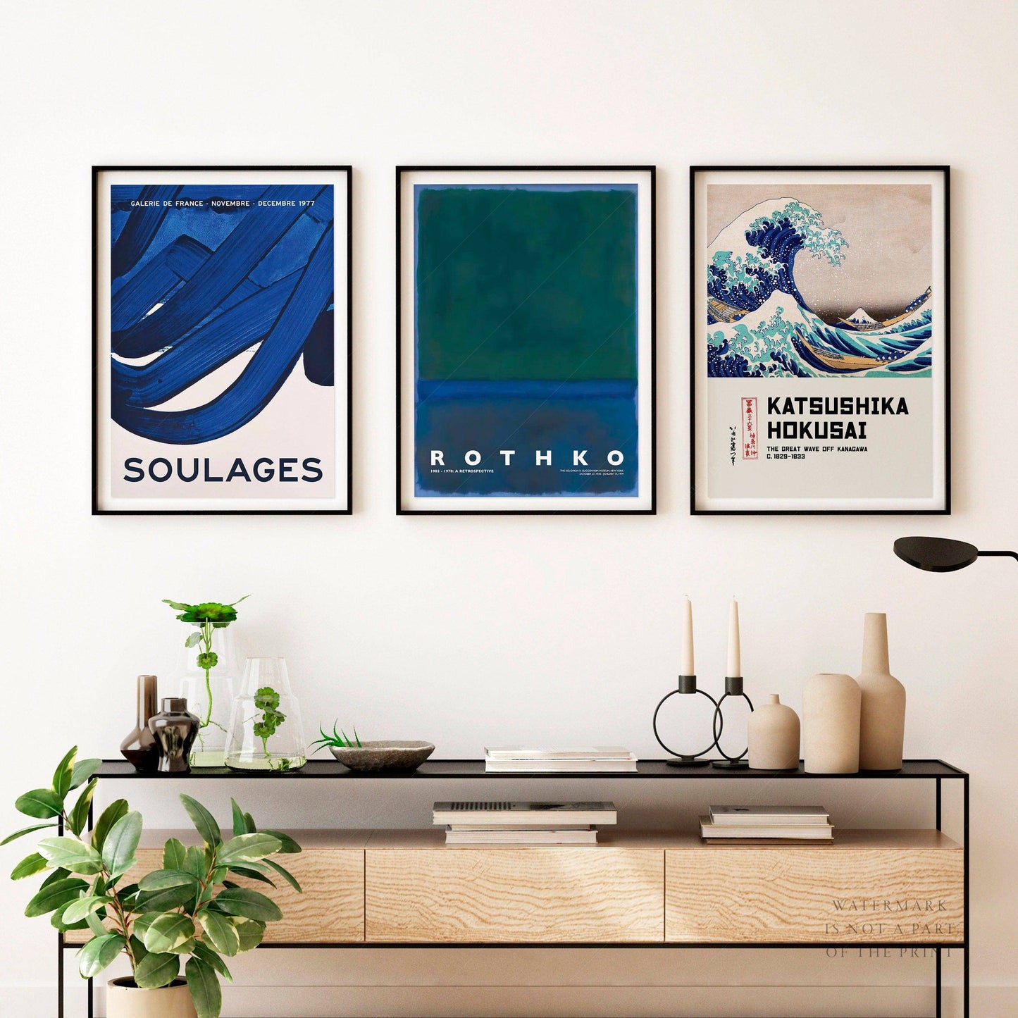 Gallery Wall Art, The Great Wave off Kanagawa, Blue Rothko Painting, Soulages. Set of 3 Prints