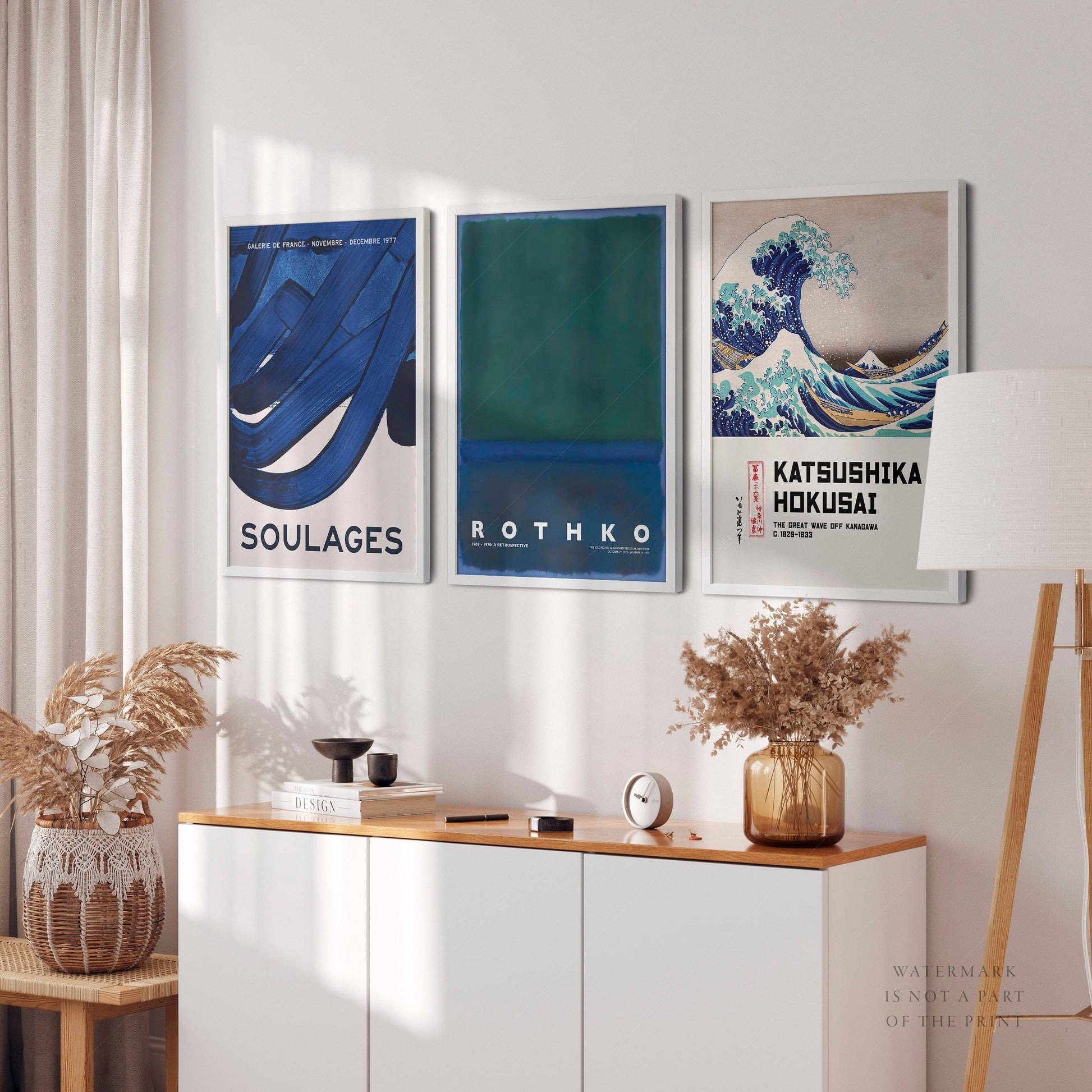 Gallery Wall Art, The Great Wave off Kanagawa, Blue Rothko Painting, Soulages. Set of 3 Prints