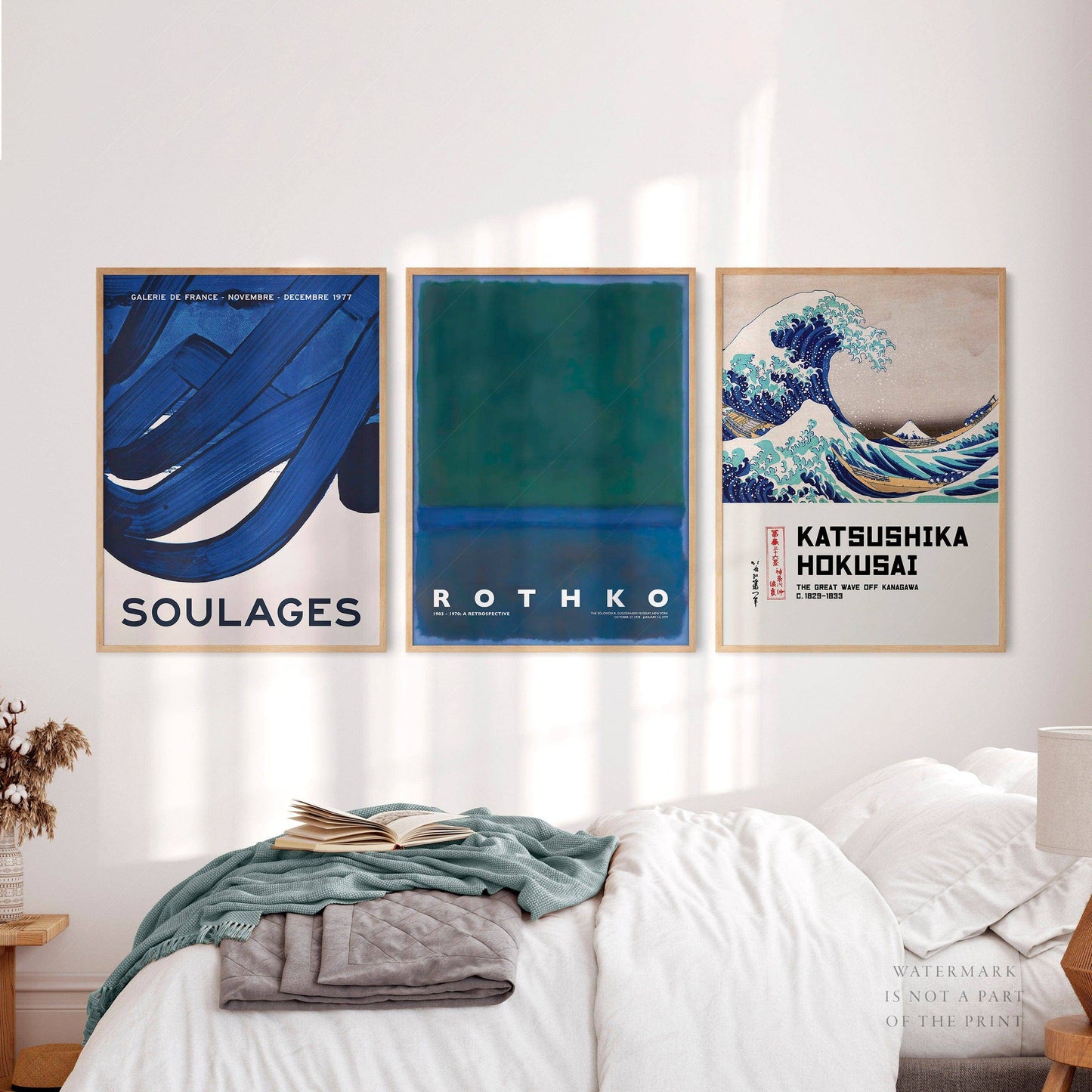 Gallery Wall Art, The Great Wave off Kanagawa, Blue Rothko Painting, Soulages. Set of 3 Prints