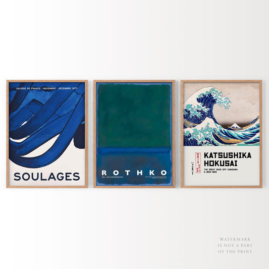 Gallery Wall Art, The Great Wave off Kanagawa, Blue Rothko Painting, Soulages. Set of 3 Prints