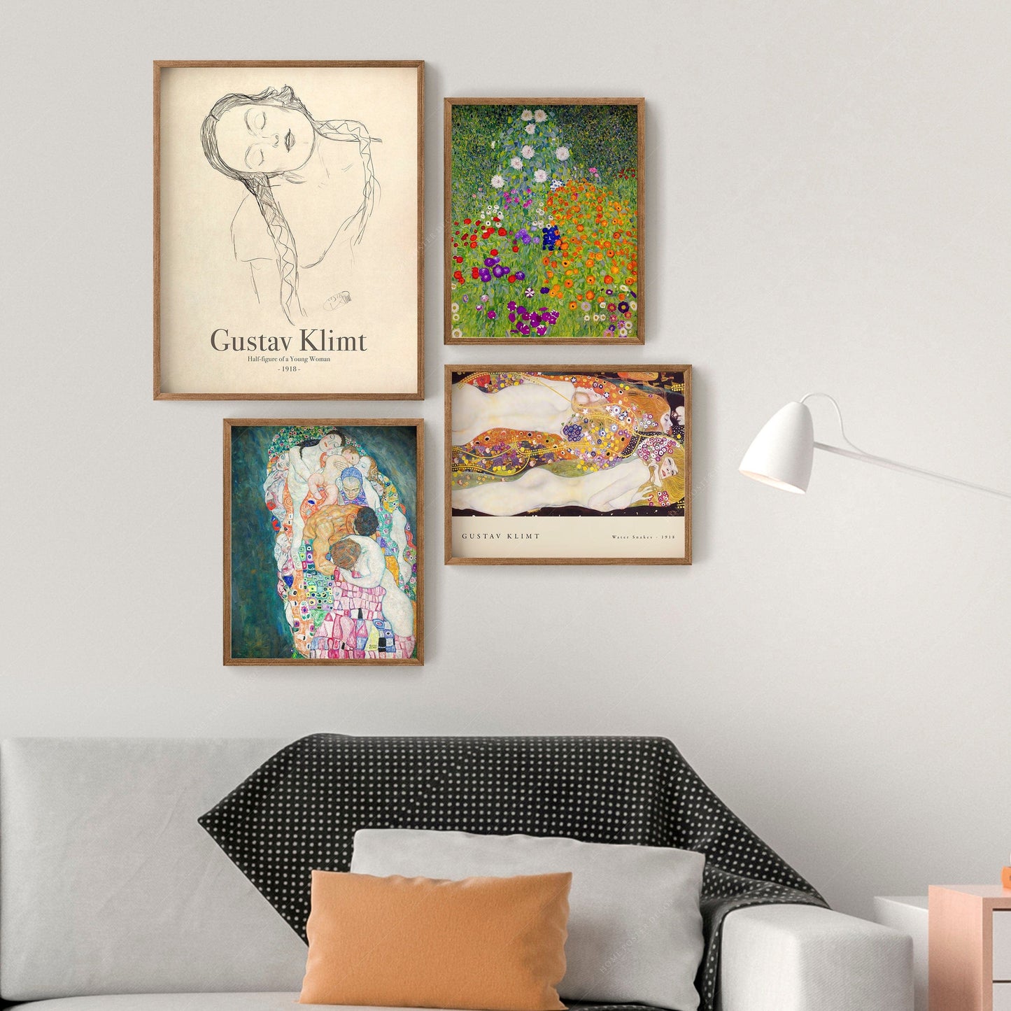 Gustav Klimt, Gallery Wall, Set of 4 Prints: Klimt Woman Line, Bauerngarten Flower Garden, Water Snakes, Death and Life