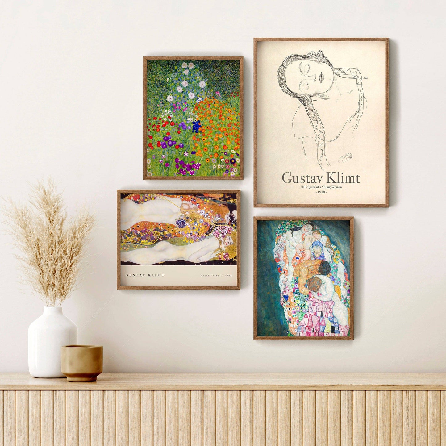 Gustav Klimt, Gallery Wall, Set of 4 Prints: Klimt Woman Line, Bauerngarten Flower Garden, Water Snakes, Death and Life