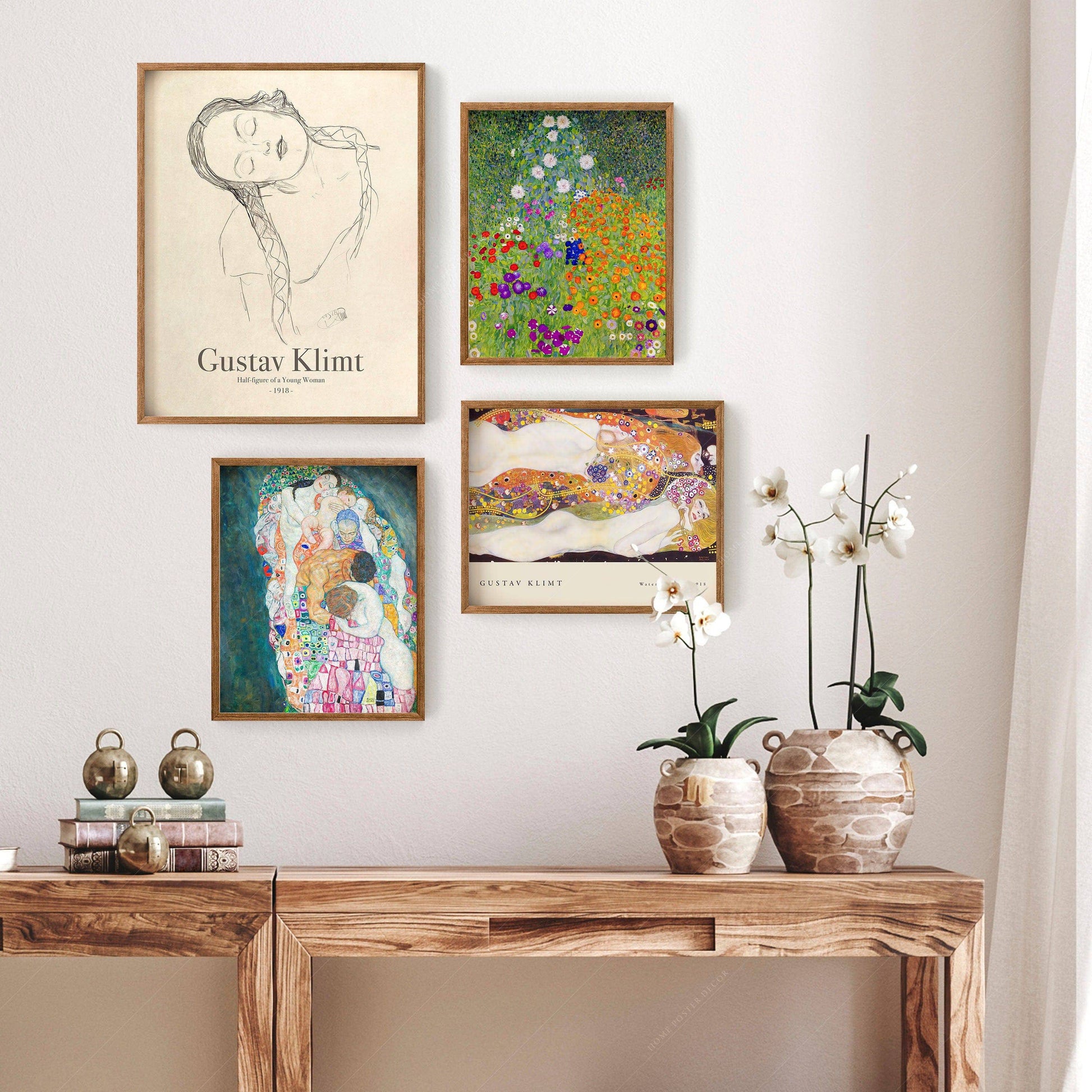 Gustav Klimt, Gallery Wall, Set of 4 Prints: Klimt Woman Line, Bauerngarten Flower Garden, Water Snakes, Death and Life