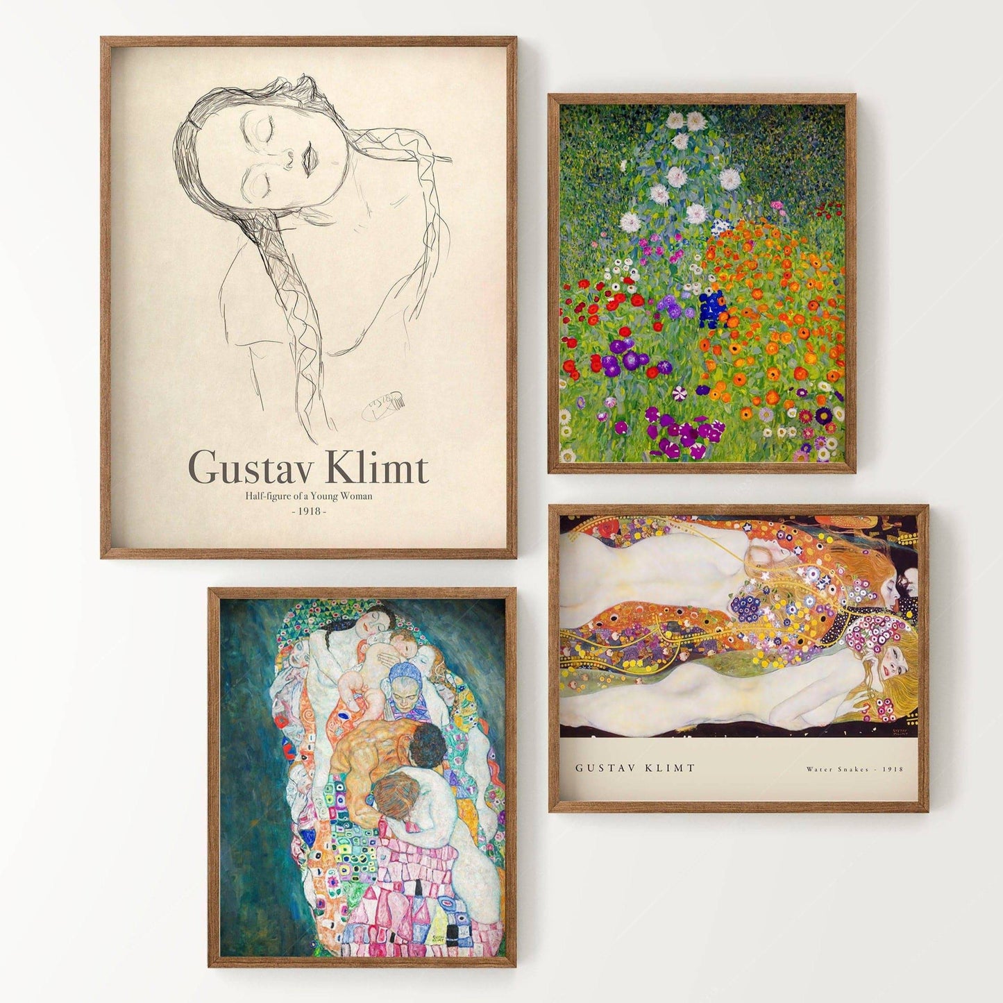 Gustav Klimt, Gallery Wall, Set of 4 Prints: Klimt Woman Line, Bauerngarten Flower Garden, Water Snakes, Death and Life