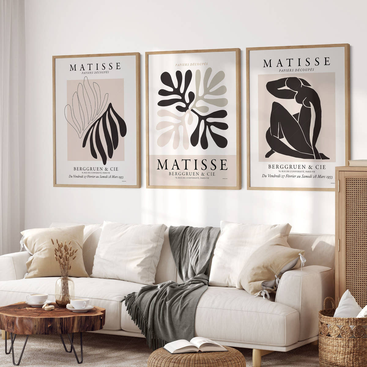 Henri Matisse Gallery Wall, Set of 3 Prints, Black Beige and White Colors, Modern home decor