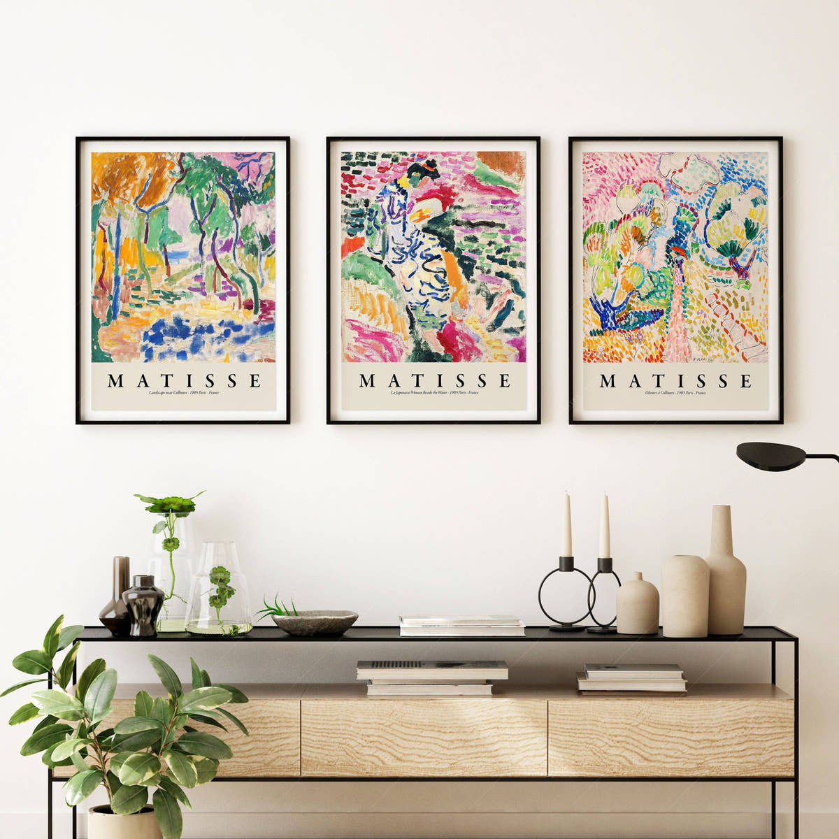 Henri Matisse Gallery Wall, Set of 3 Prints, Landscape near Collioure (Joy of Life), La Japonaise Woman Beside the Water, Oliviers à Collioure