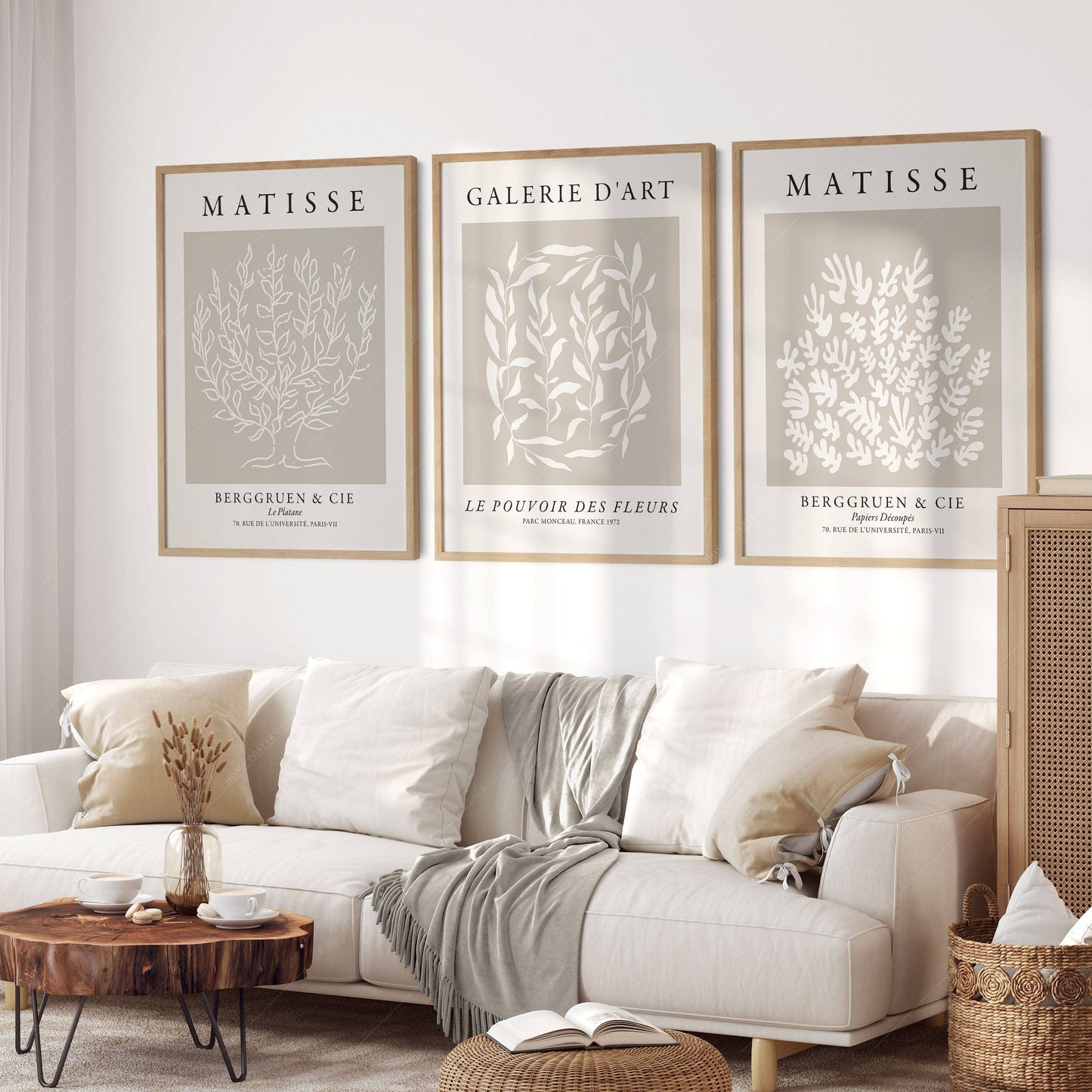 Henri Matisse Set of 3 Prints, Neutral Wall Decor, Galerie D'art, Fleurs Poster, Beige and White