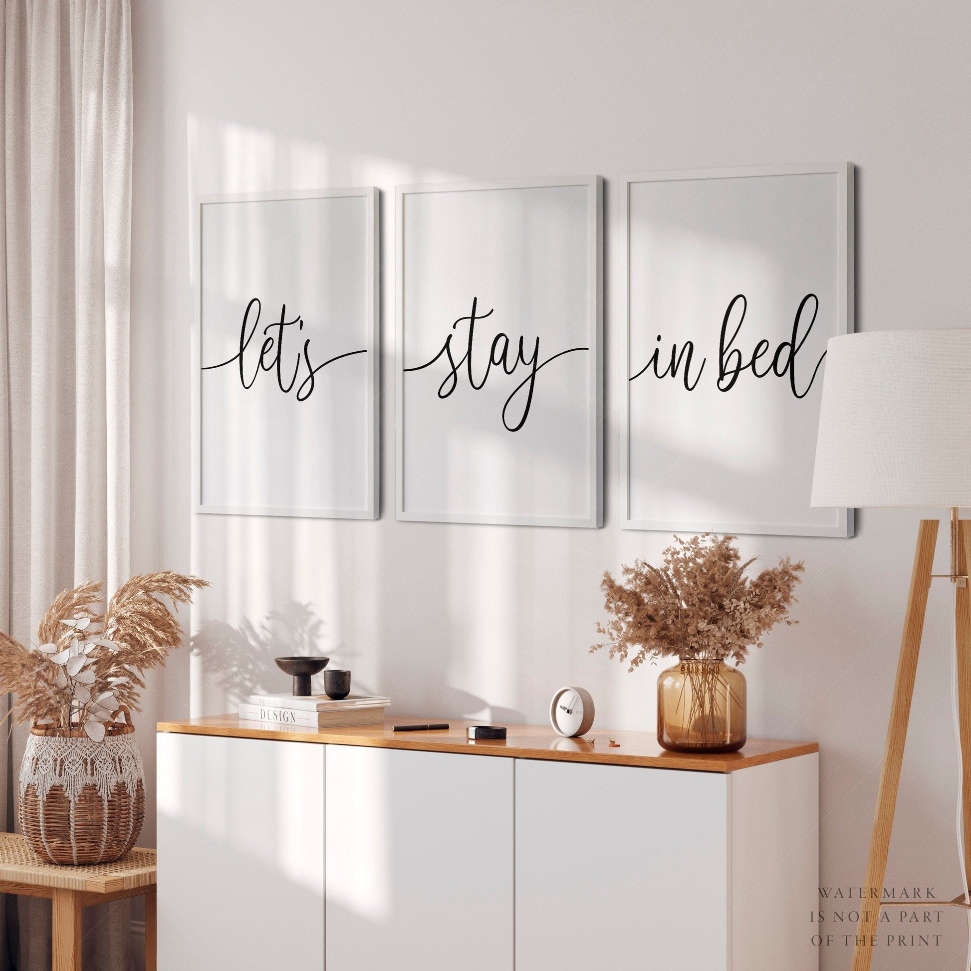 Lets Stay in Bed, Set of 3 wall art, Minimalist Poster