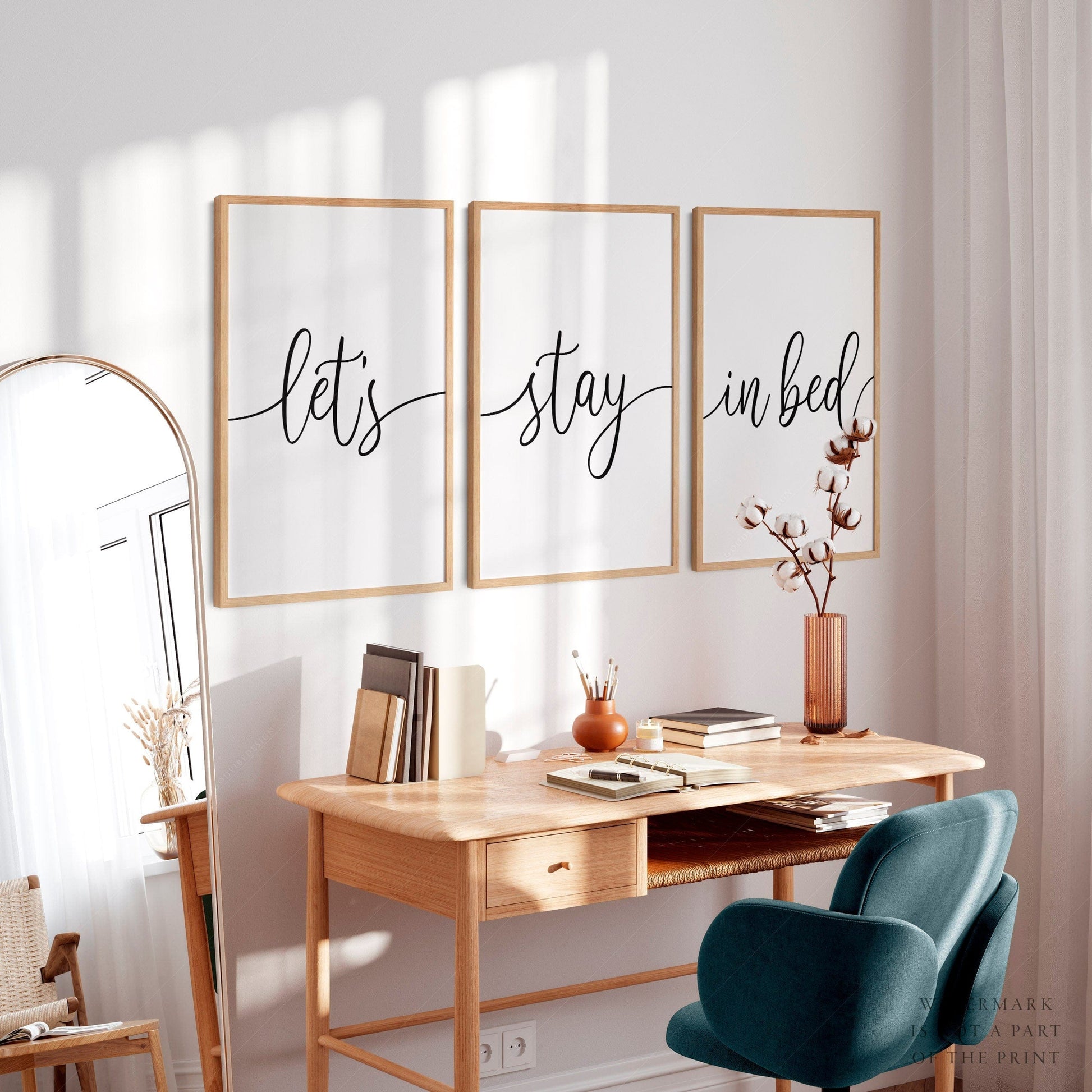 Lets Stay in Bed, Set of 3 wall art, Minimalist Poster