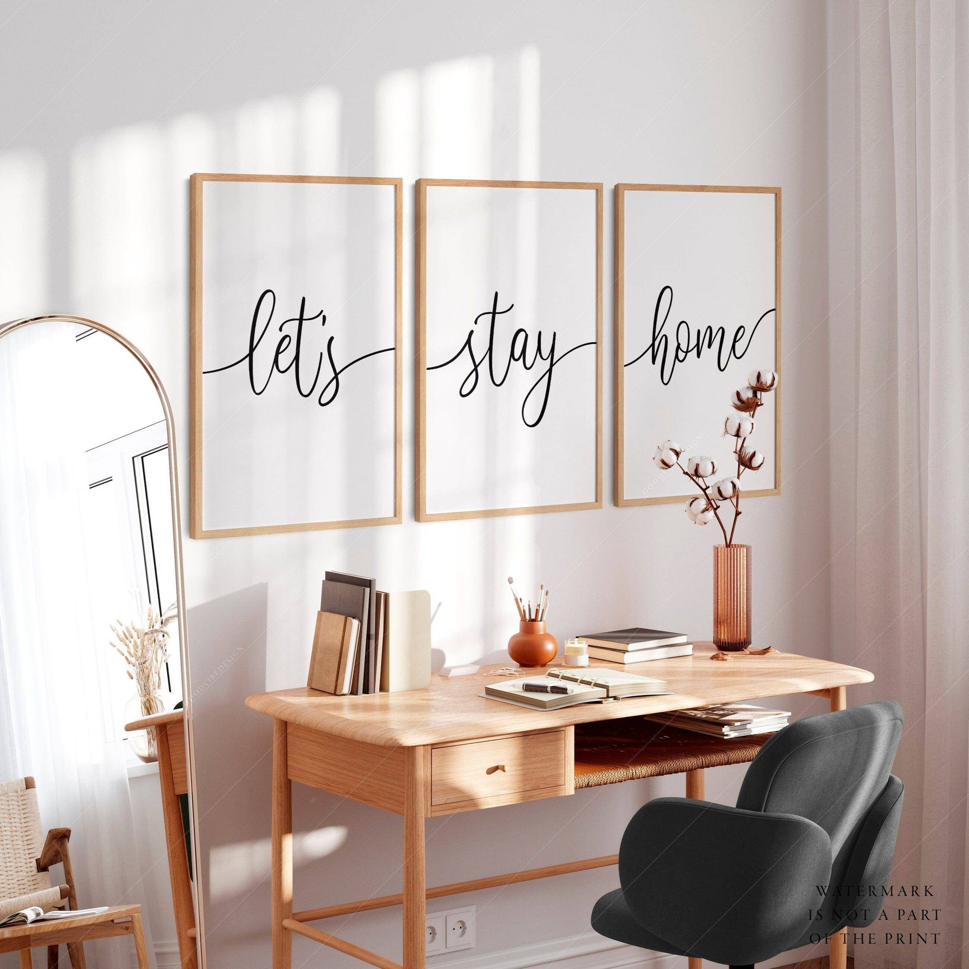 Let's stay home, Set of 3 wall art, Minimalist Poster