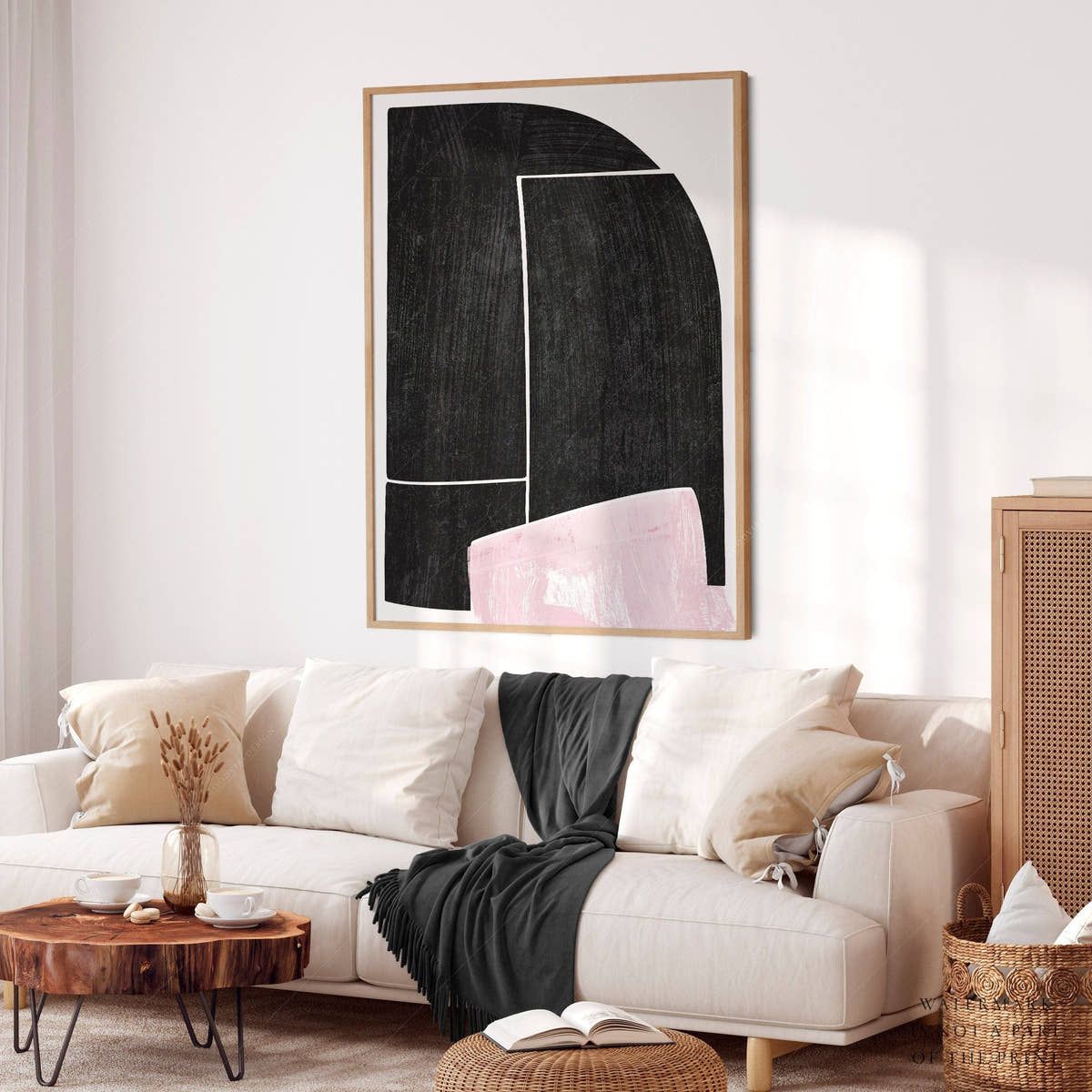 Mid-Century Modern Print, Elegant wall decor, Black Pink and white color