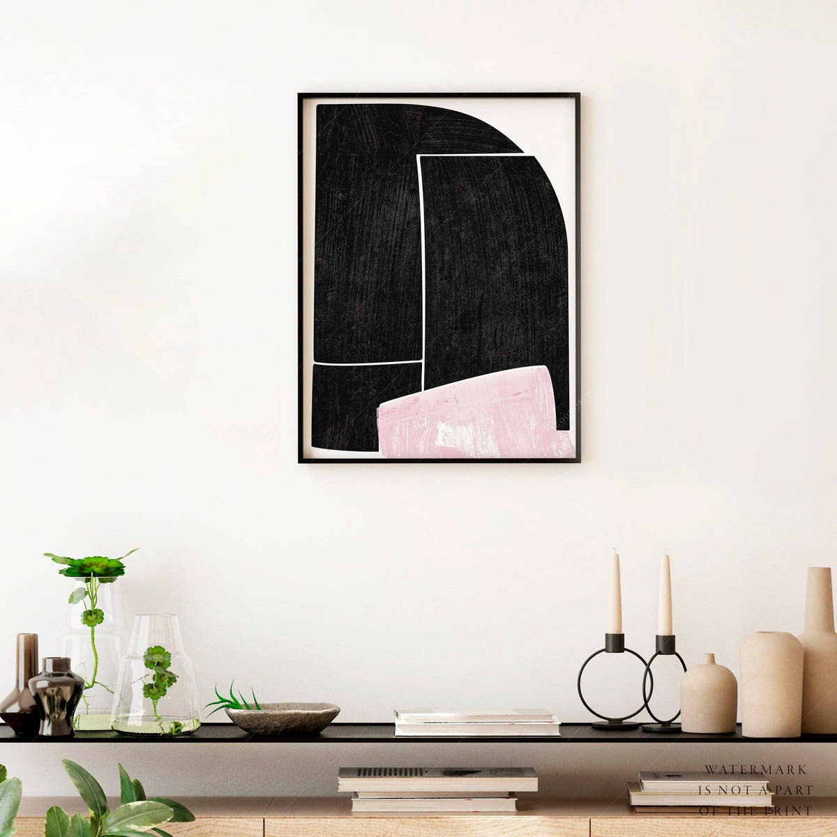 Mid-Century Modern Print, Elegant wall decor, Black Pink and white color