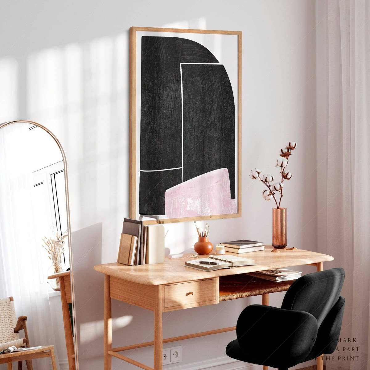 Mid-Century Modern Print, Elegant wall decor, Black Pink and white color