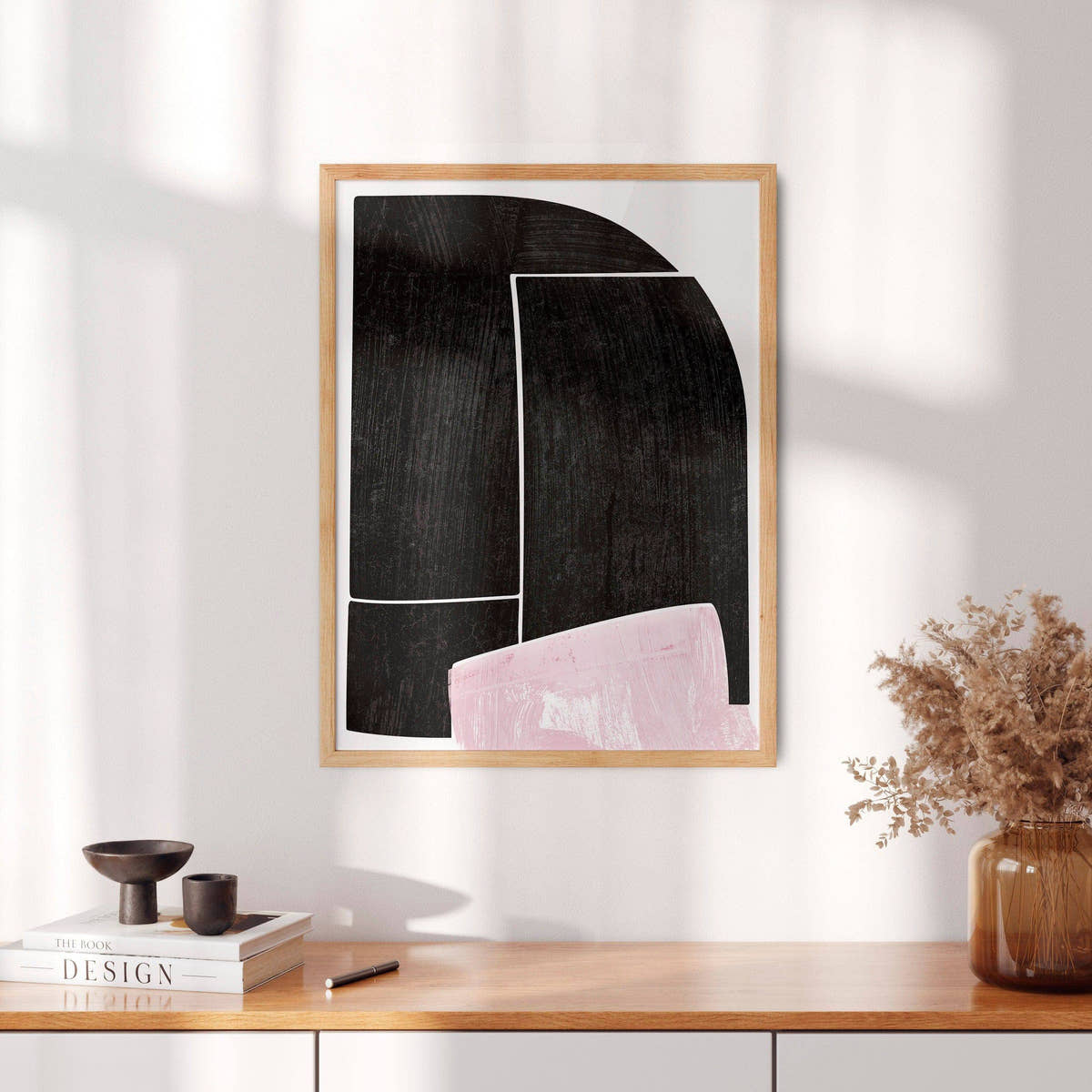 Mid-Century Modern Print, Elegant wall decor, Black Pink and white color