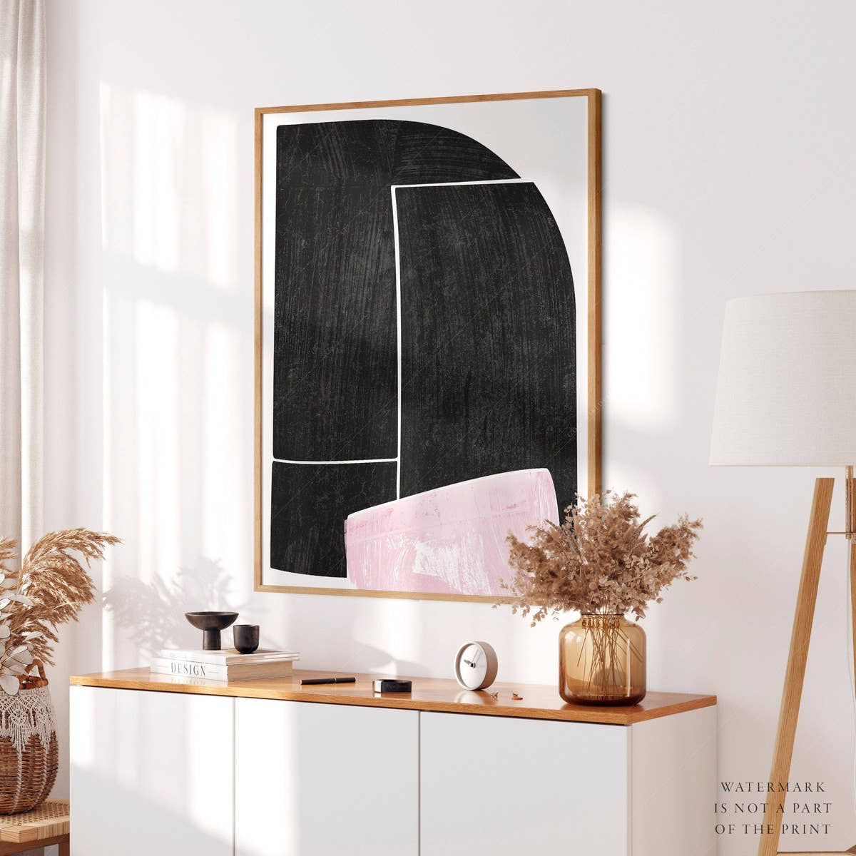 Mid-Century Modern Print, Elegant wall decor, Black Pink and white color