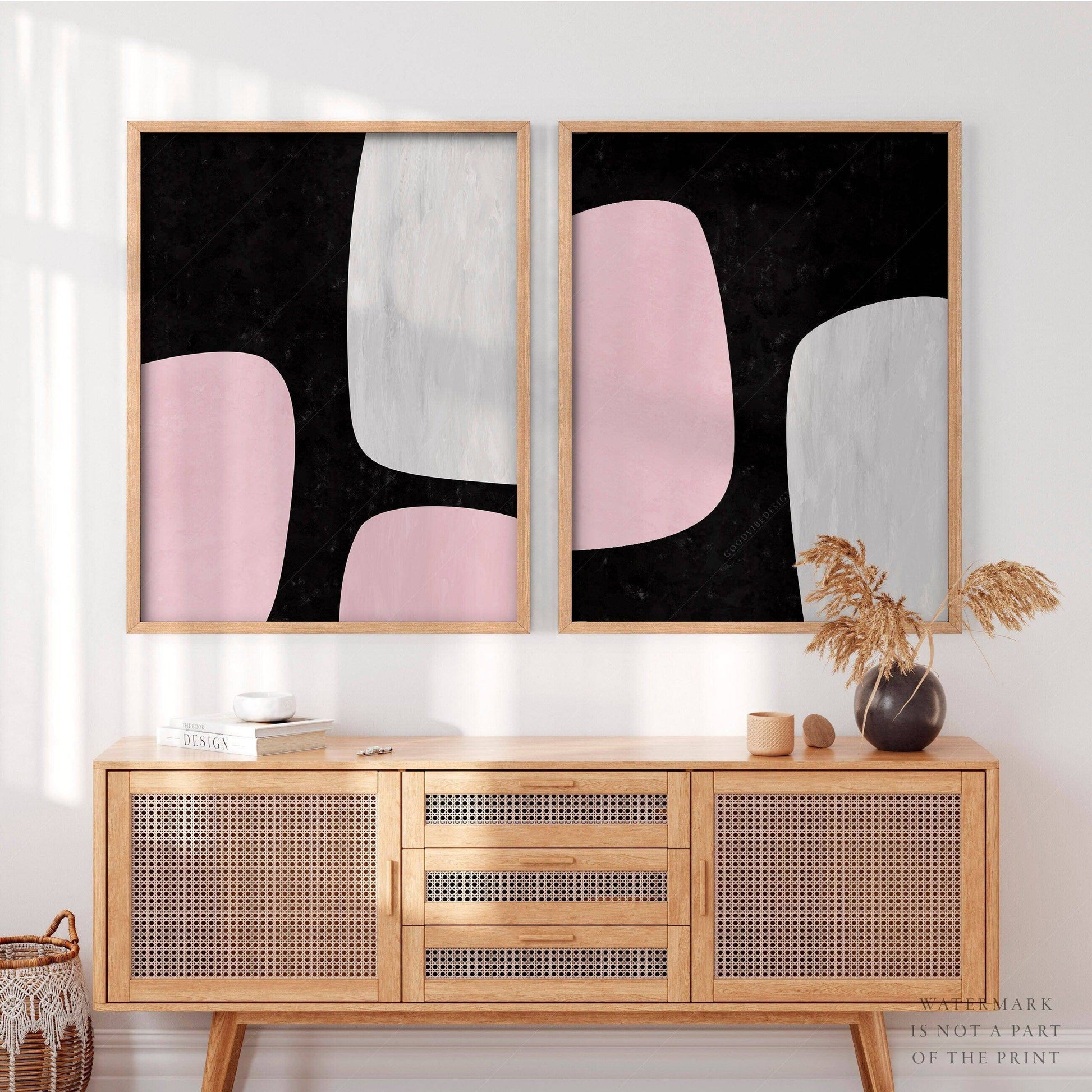 Mid-Century Modern Prints, 2 Piece Wall Art, Black and pink color