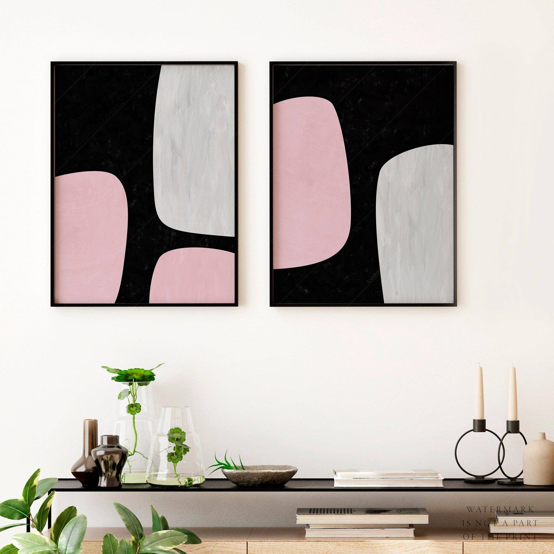 Mid-Century Modern Prints, 2 Piece Wall Art, Black and pink color