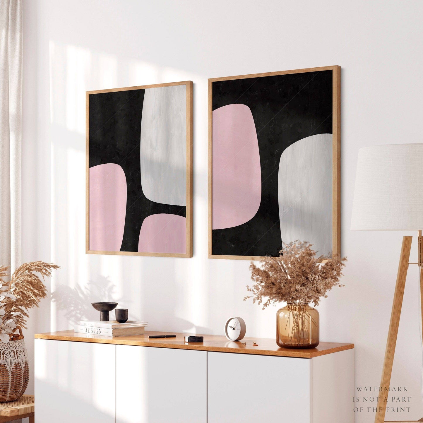 Mid-Century Modern Prints, 2 Piece Wall Art, Black and pink color