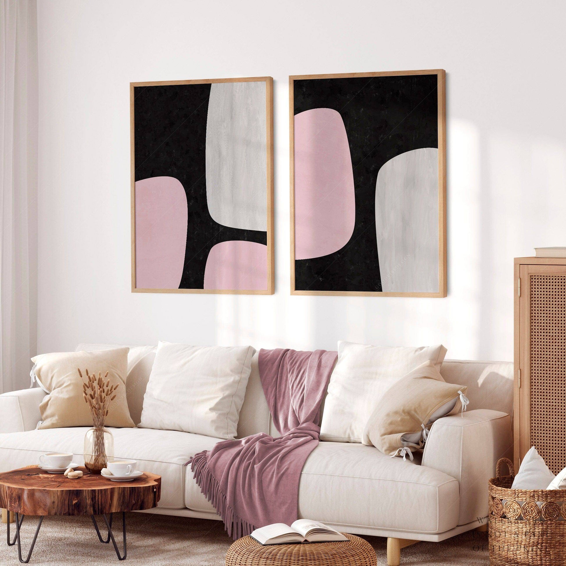 Mid-Century Modern Prints, 2 Piece Wall Art, Black and pink color