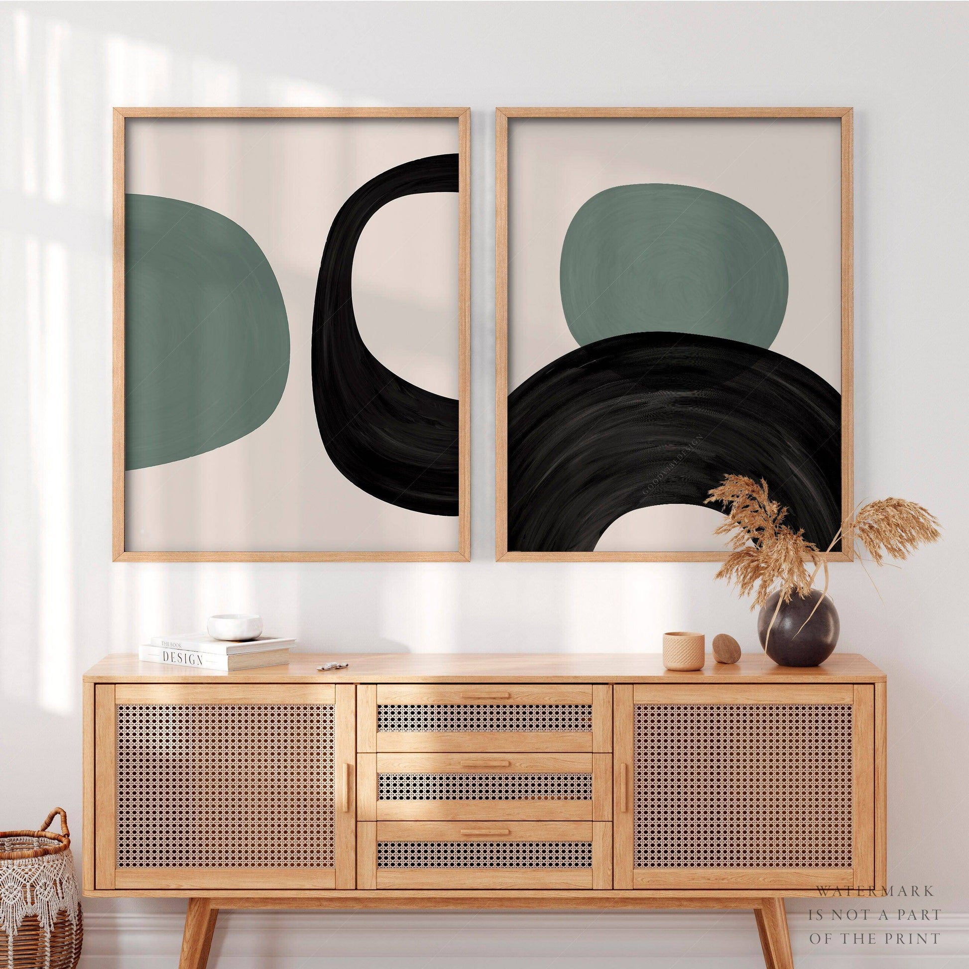 Mid-Century Modern Prints, 2 Piece Wall Art, Black green and beige colors