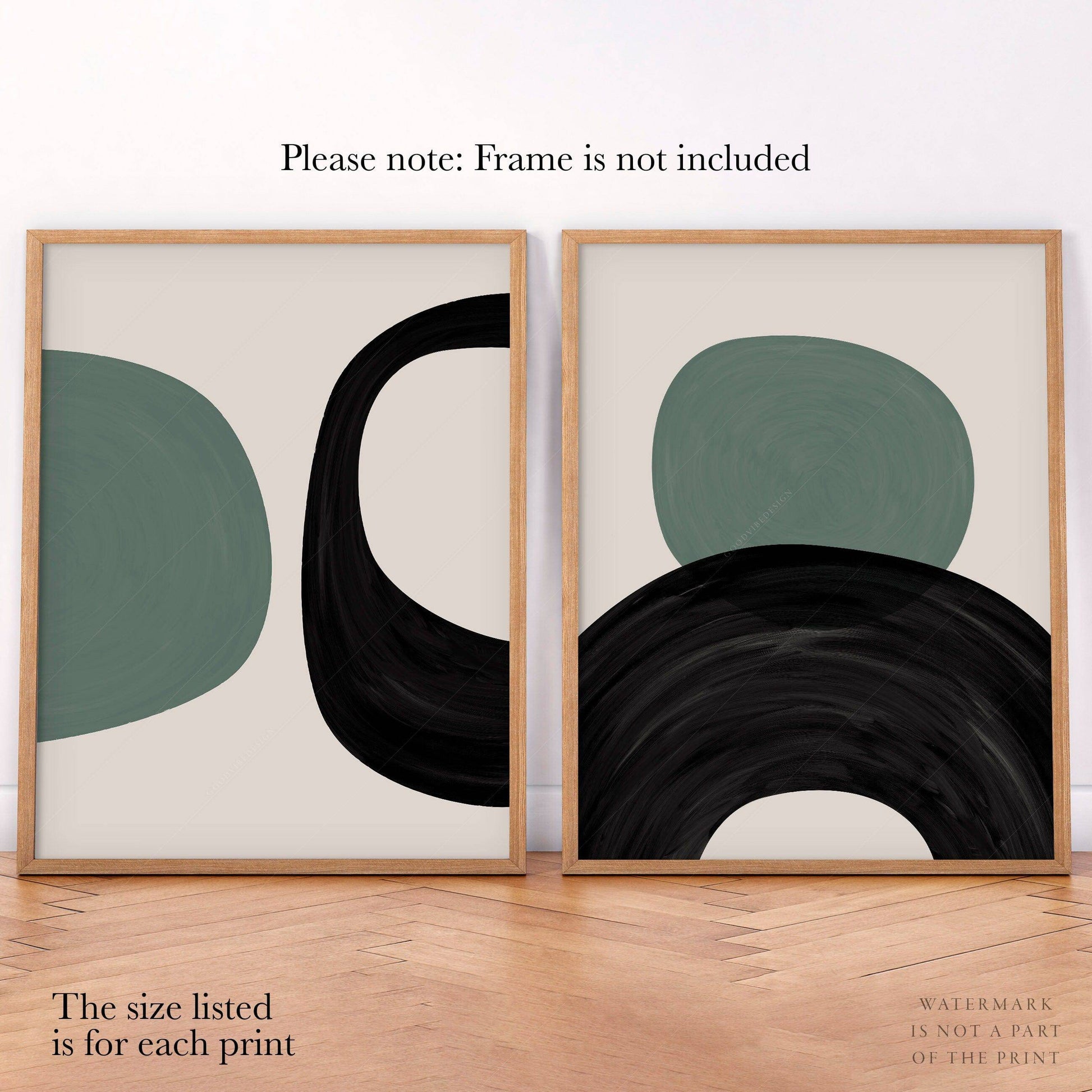 Mid-Century Modern Prints, 2 Piece Wall Art, Black green and beige colors