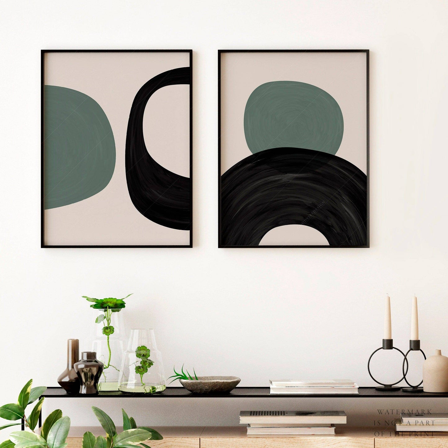 Mid-Century Modern Prints, 2 Piece Wall Art, Black green and beige colors