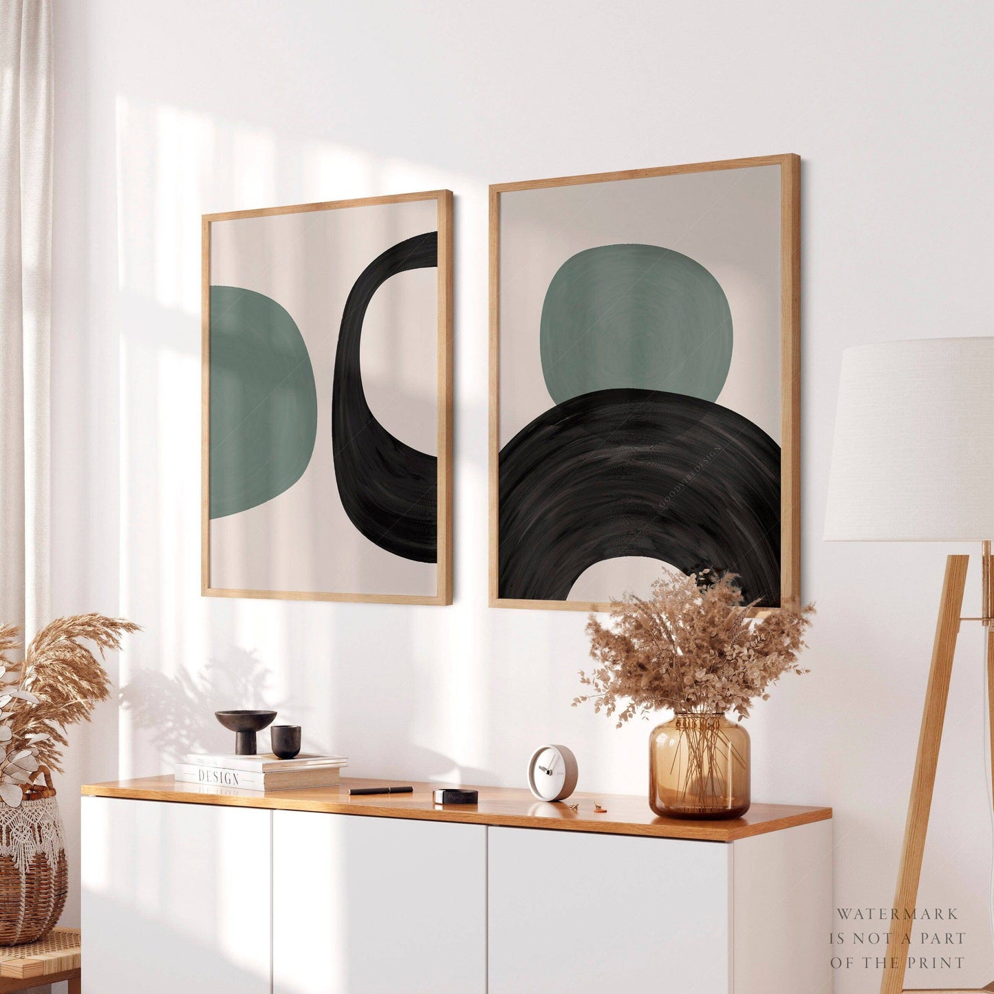 Mid-Century Modern Prints, 2 Piece Wall Art, Black green and beige colors