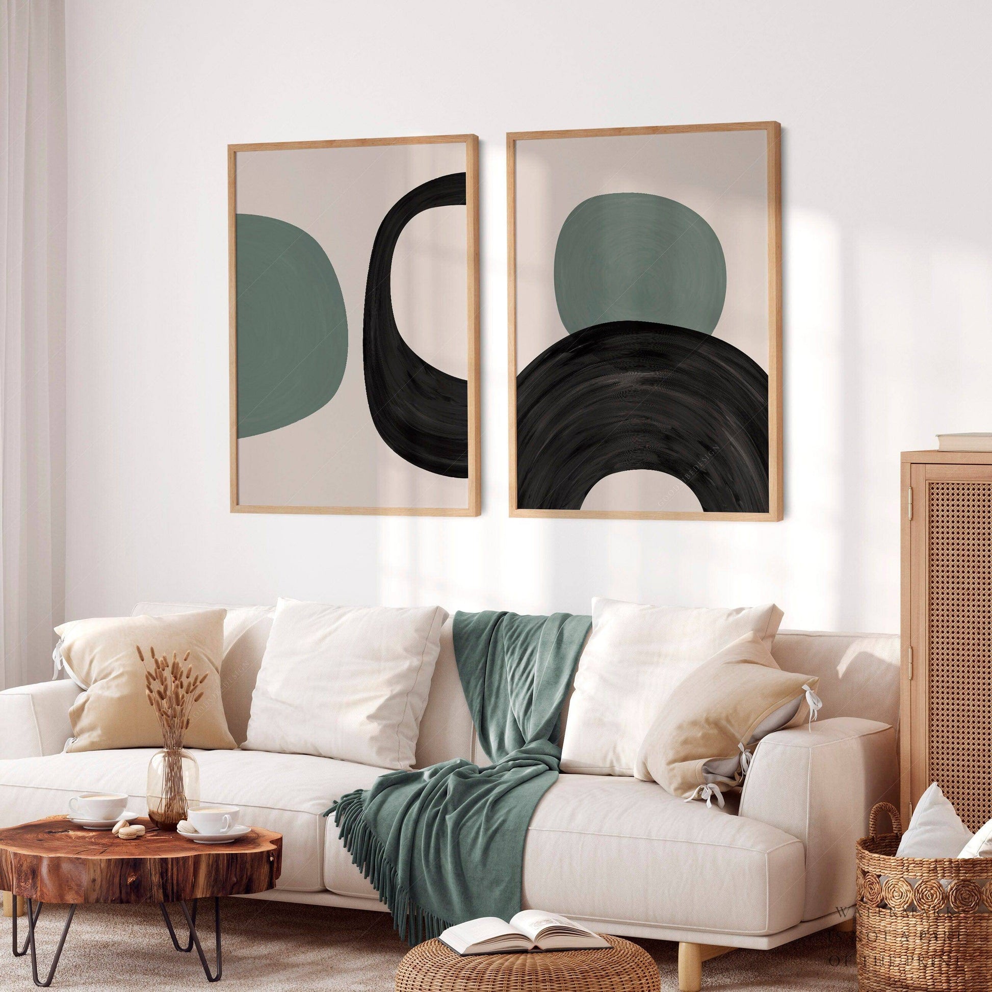 Mid-Century Modern Prints, 2 Piece Wall Art, Black green and beige colors