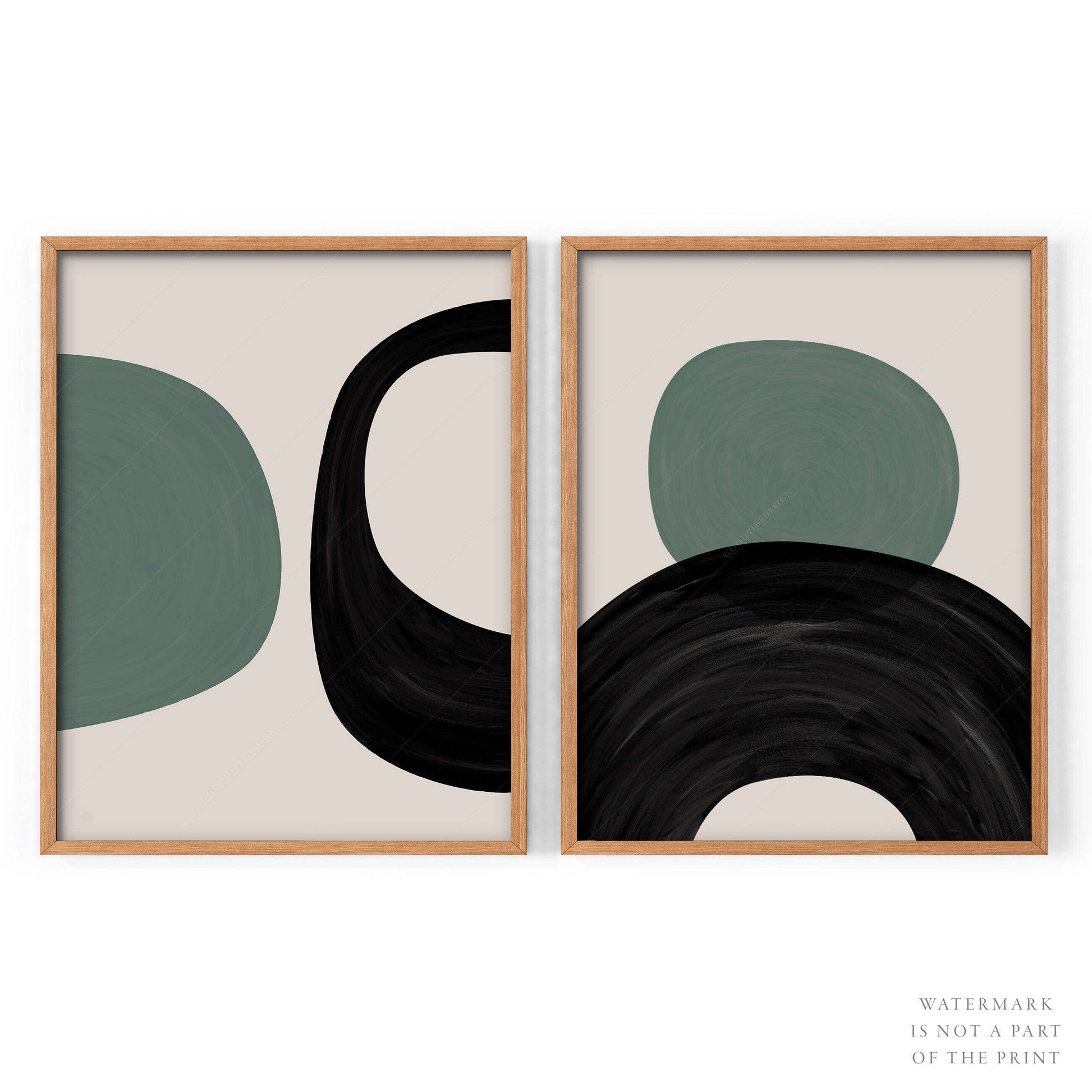 Mid-Century Modern Prints, 2 Piece Wall Art, Black green and beige colors