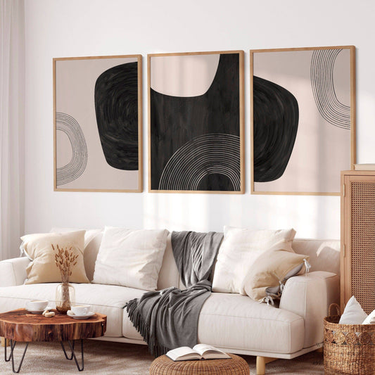 Mid-Century Modern Prints, Elegant wall decor, Set of 3 prints in black and beige color
