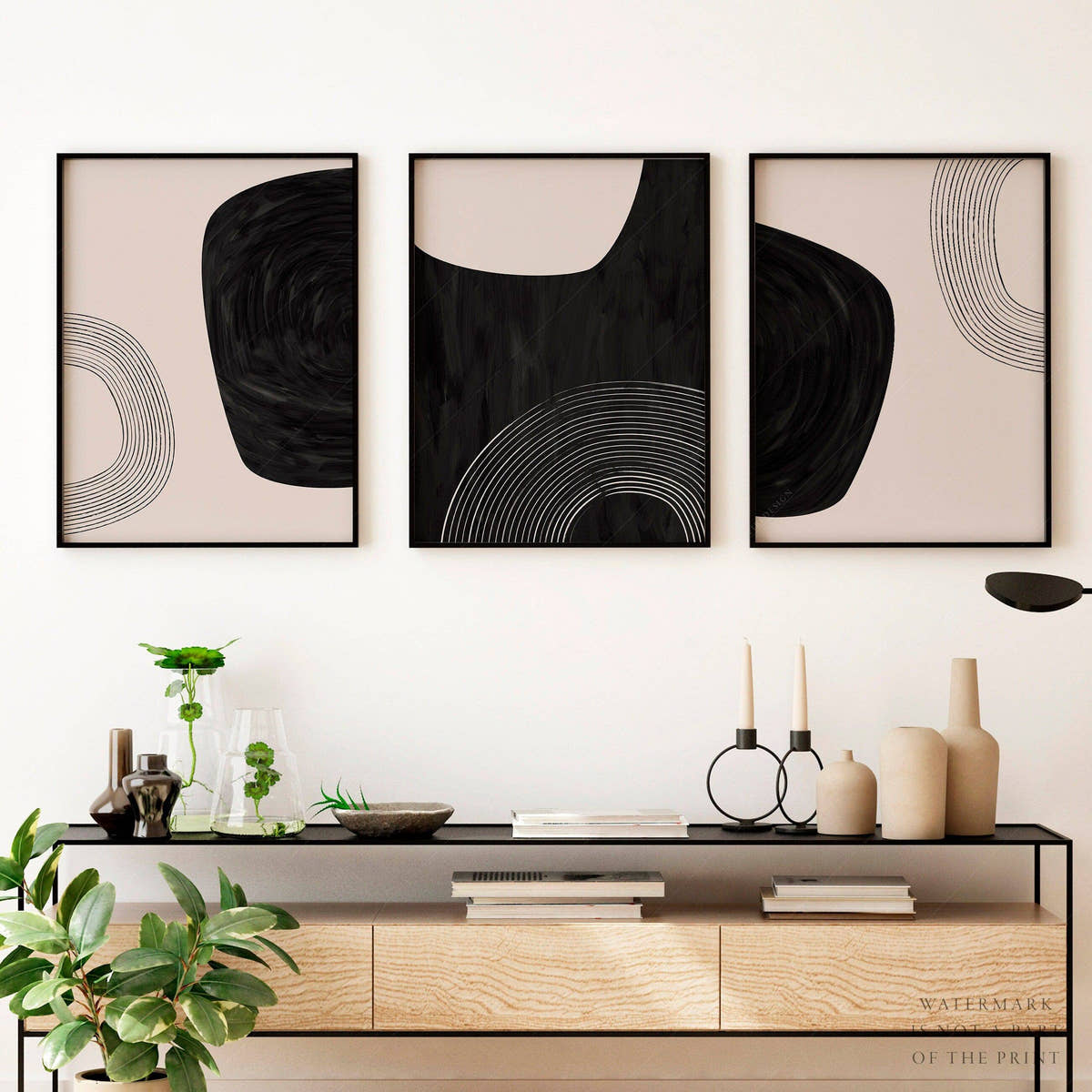 Mid-Century Modern Prints, Elegant wall decor, Set of 3 prints in black and beige color