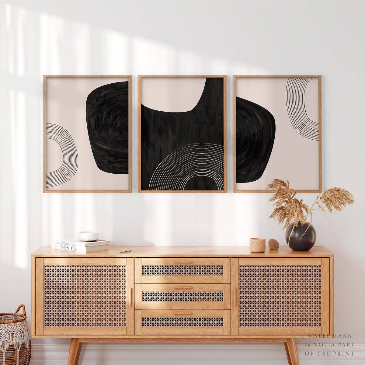 Mid-Century Modern Prints, Elegant wall decor, Set of 3 prints in black and beige color