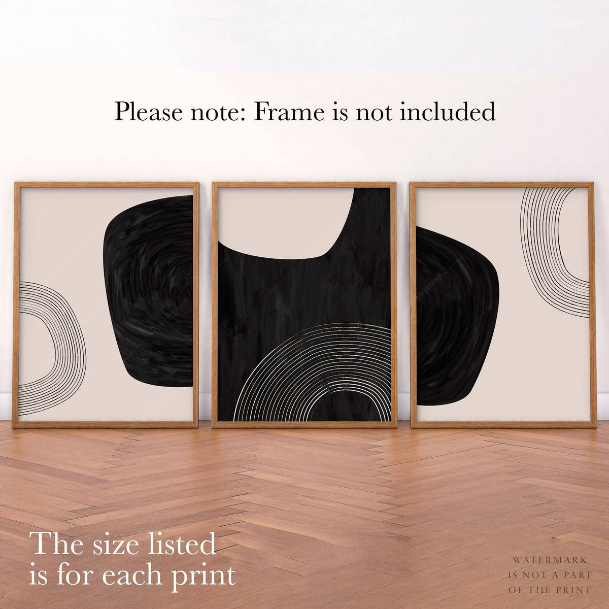 Mid-Century Modern Prints, Elegant wall decor, Set of 3 prints in black and beige color